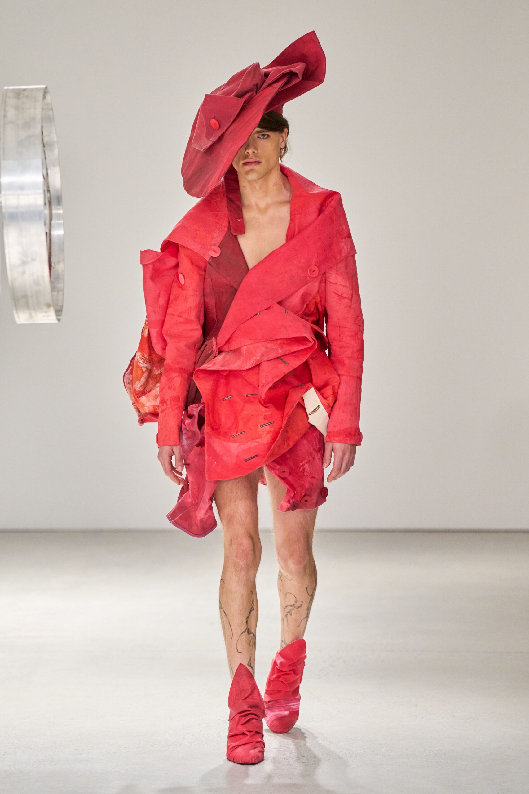 red cotton long-sleeve collared relaxed draped layered coat