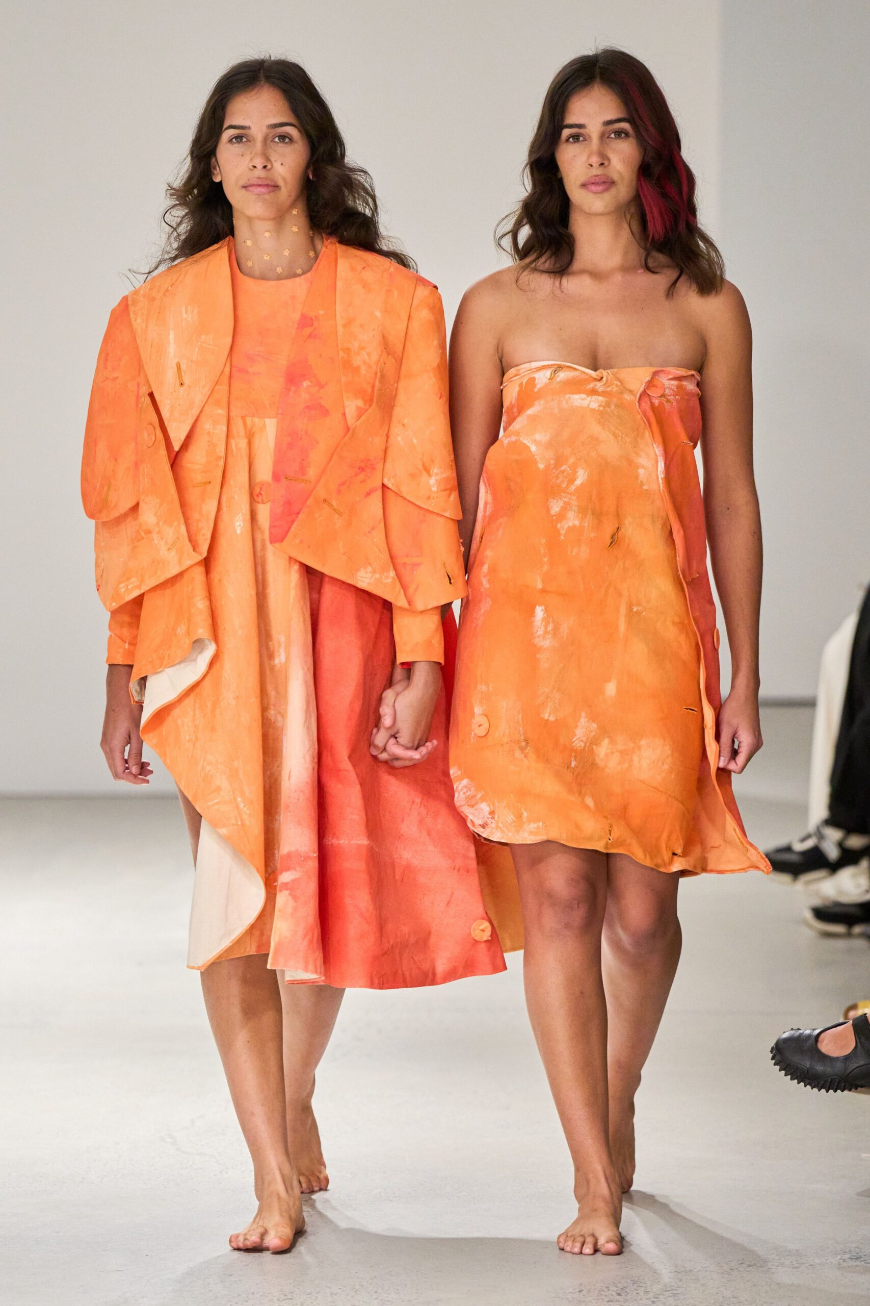 orange silk strapless fitted layered mini dress