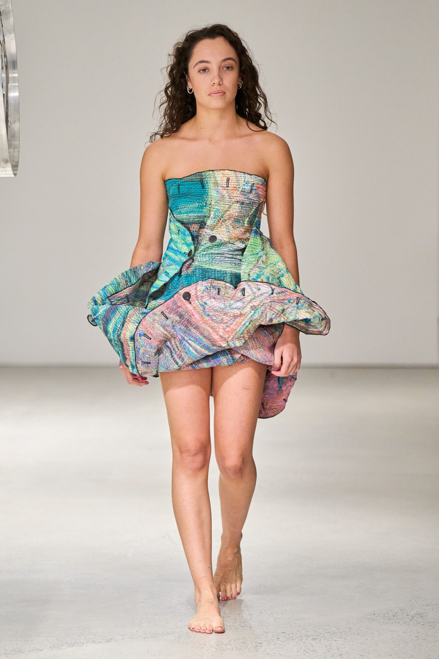 multi-colored strapless pleated dress
