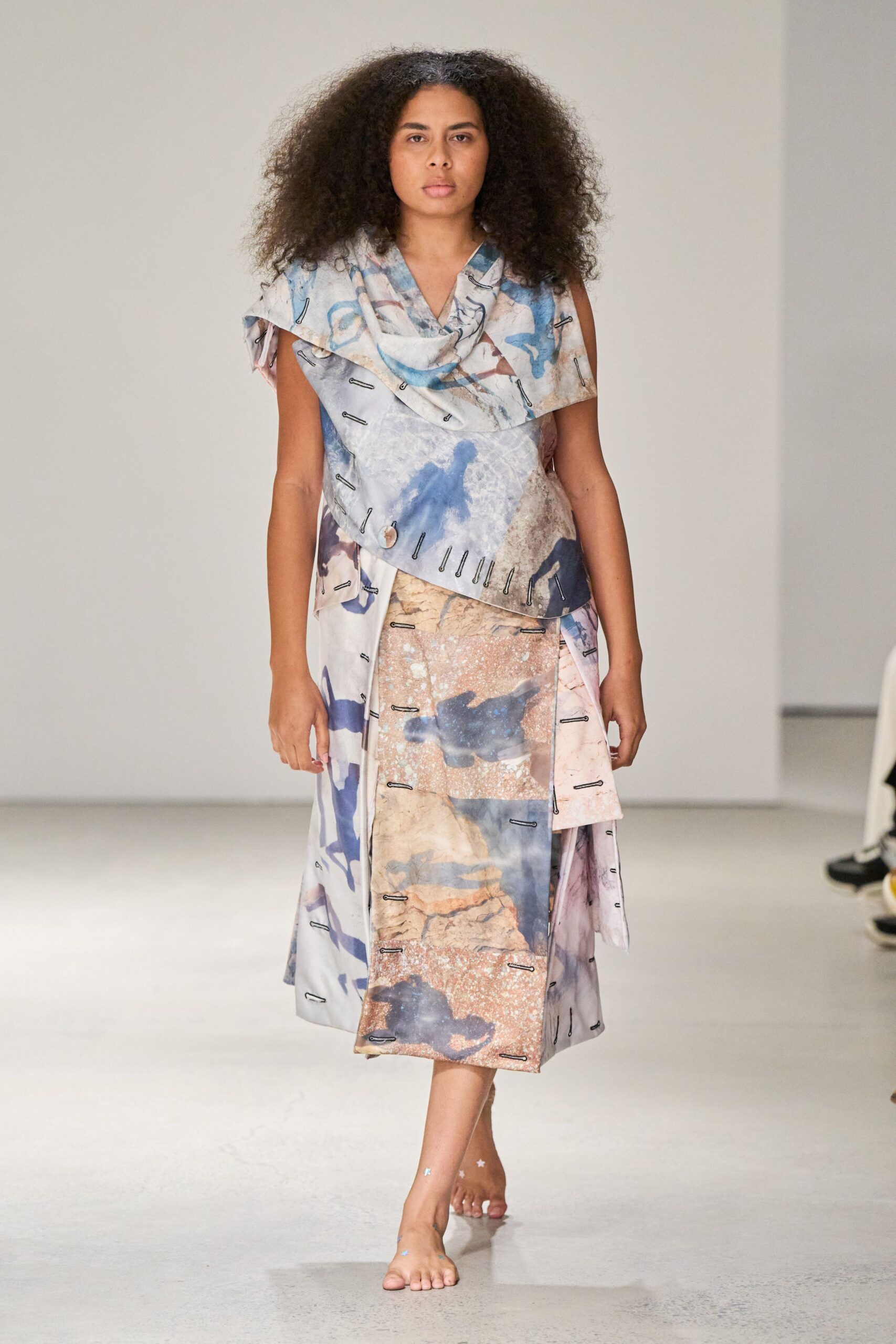 blue and beige printed midi dress
