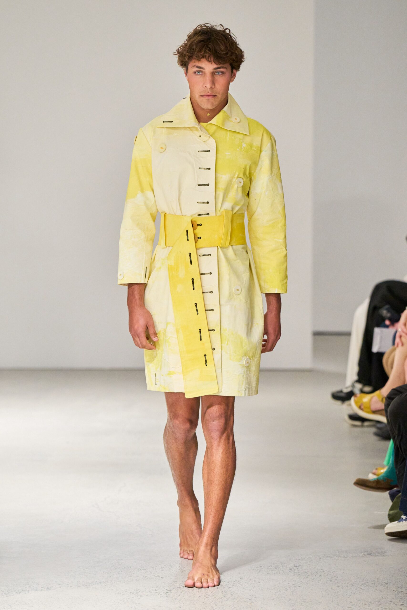 yellow and white fitted coat