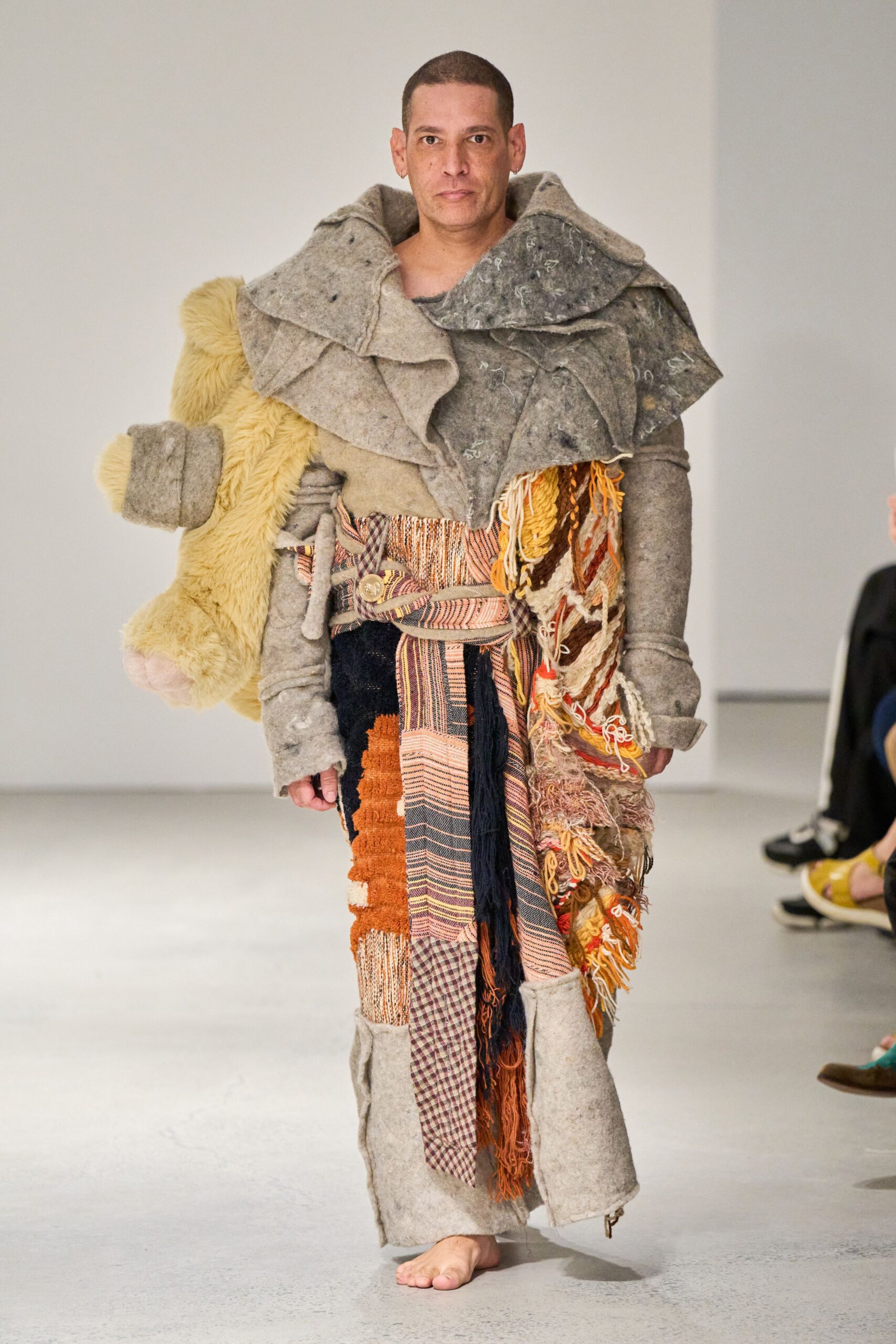 gray wool long-sleeve relaxed layered fringed coat