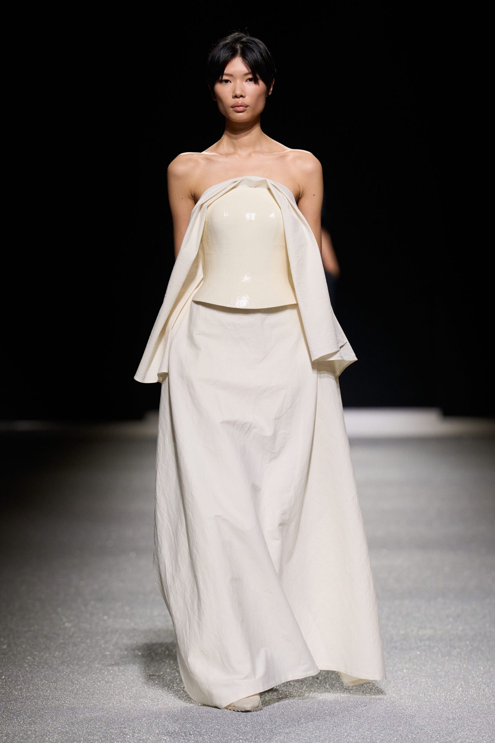 white silk strapless fitted draped maxi gown