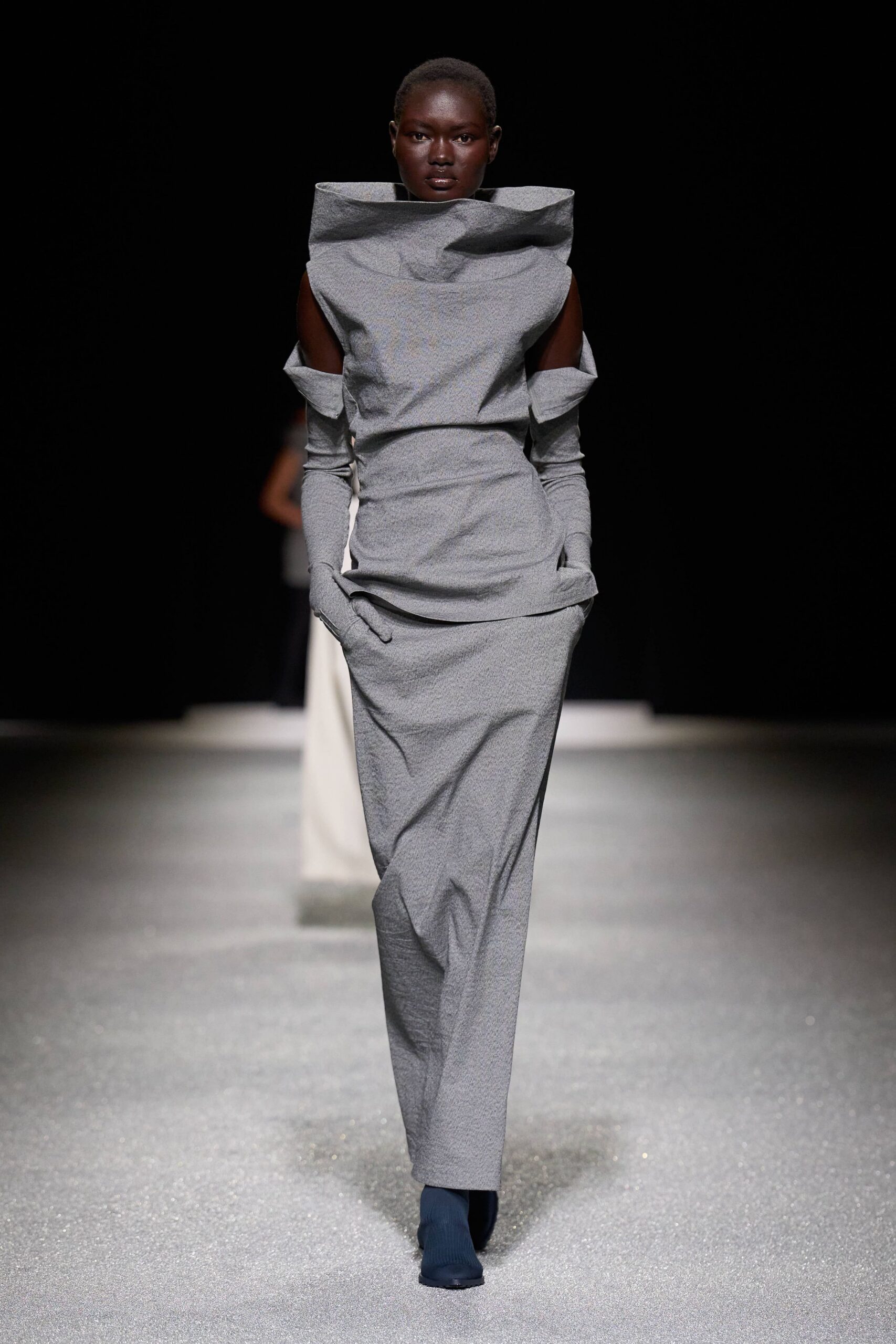 gray cotton long-sleeve off-shoulder fitted draped pockets gown