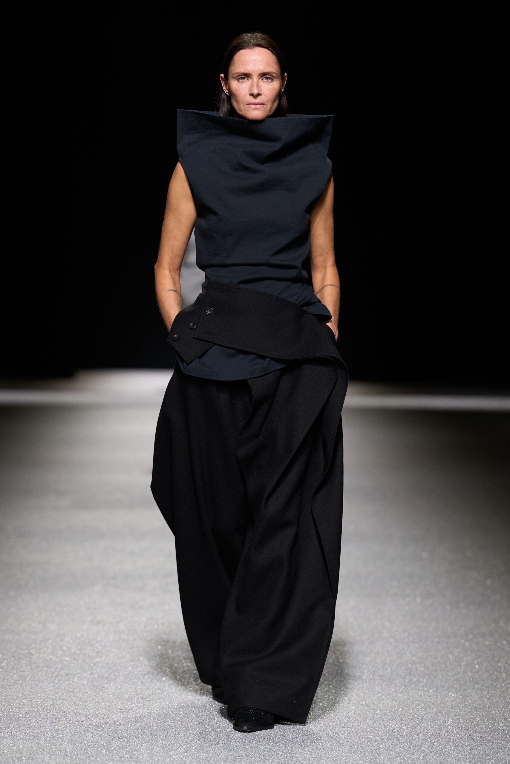 black cotton sleeveless high-neck fitted structured top