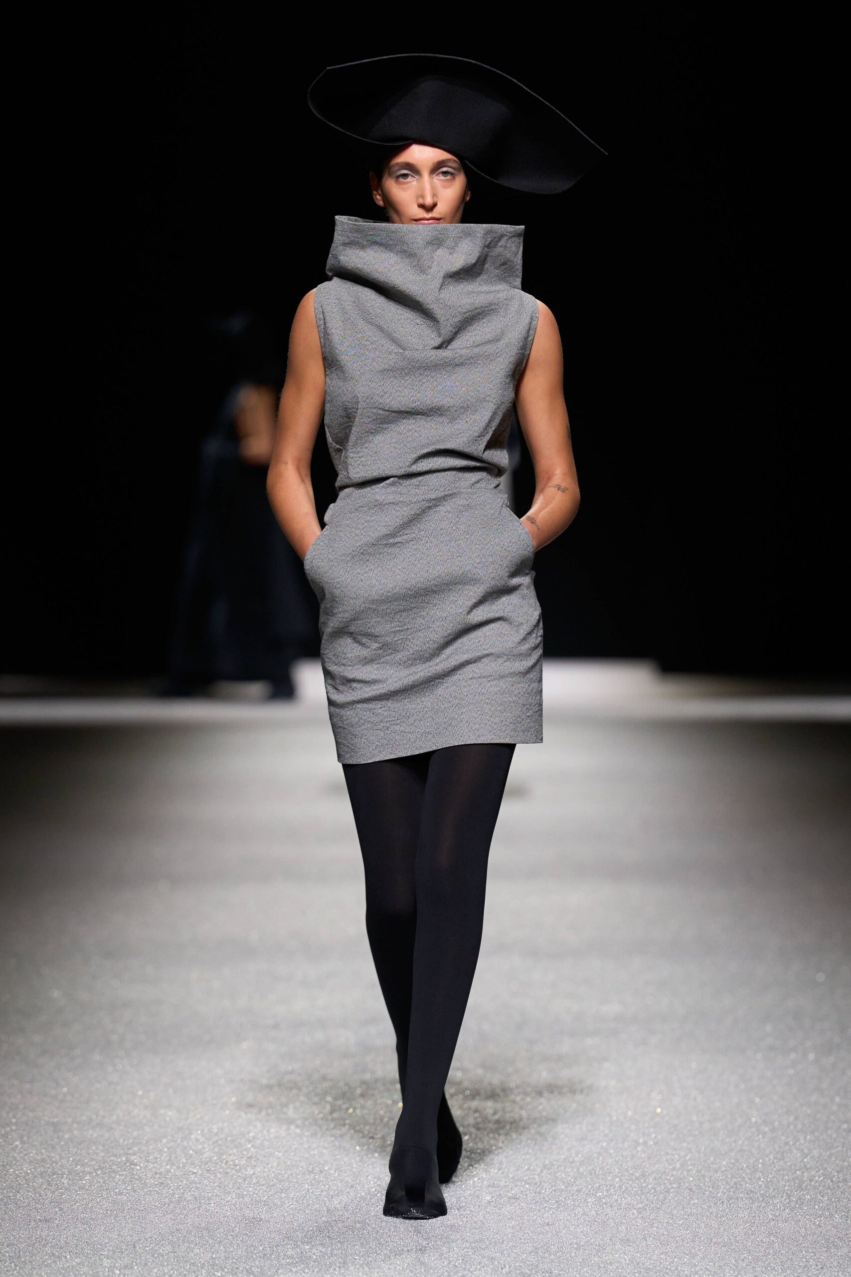 gray cotton sleeveless high-neck fitted draped mini dress