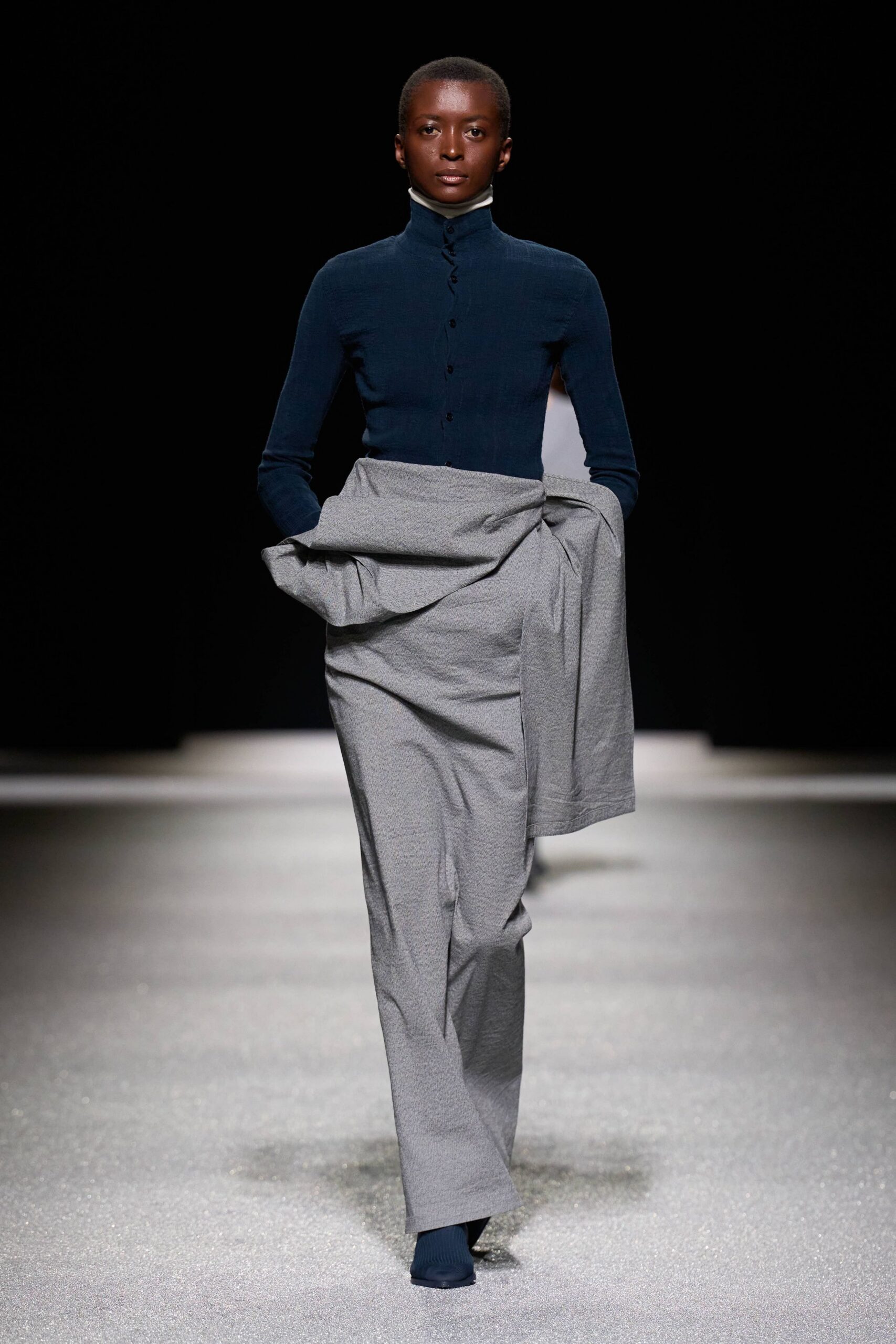 blue fitted top gray relaxed pants