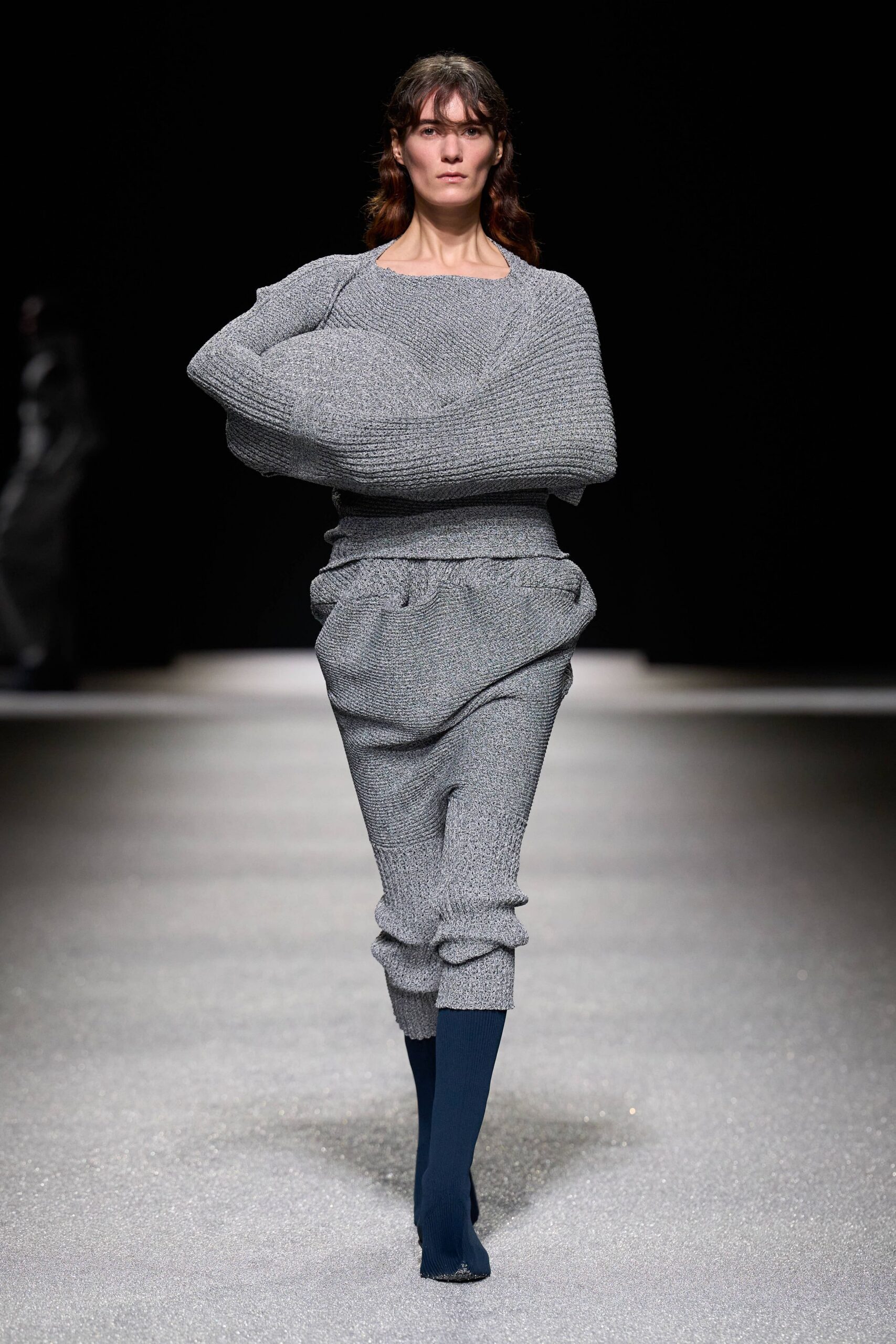 gray knit long-sleeve high-neck relaxed layered sweater