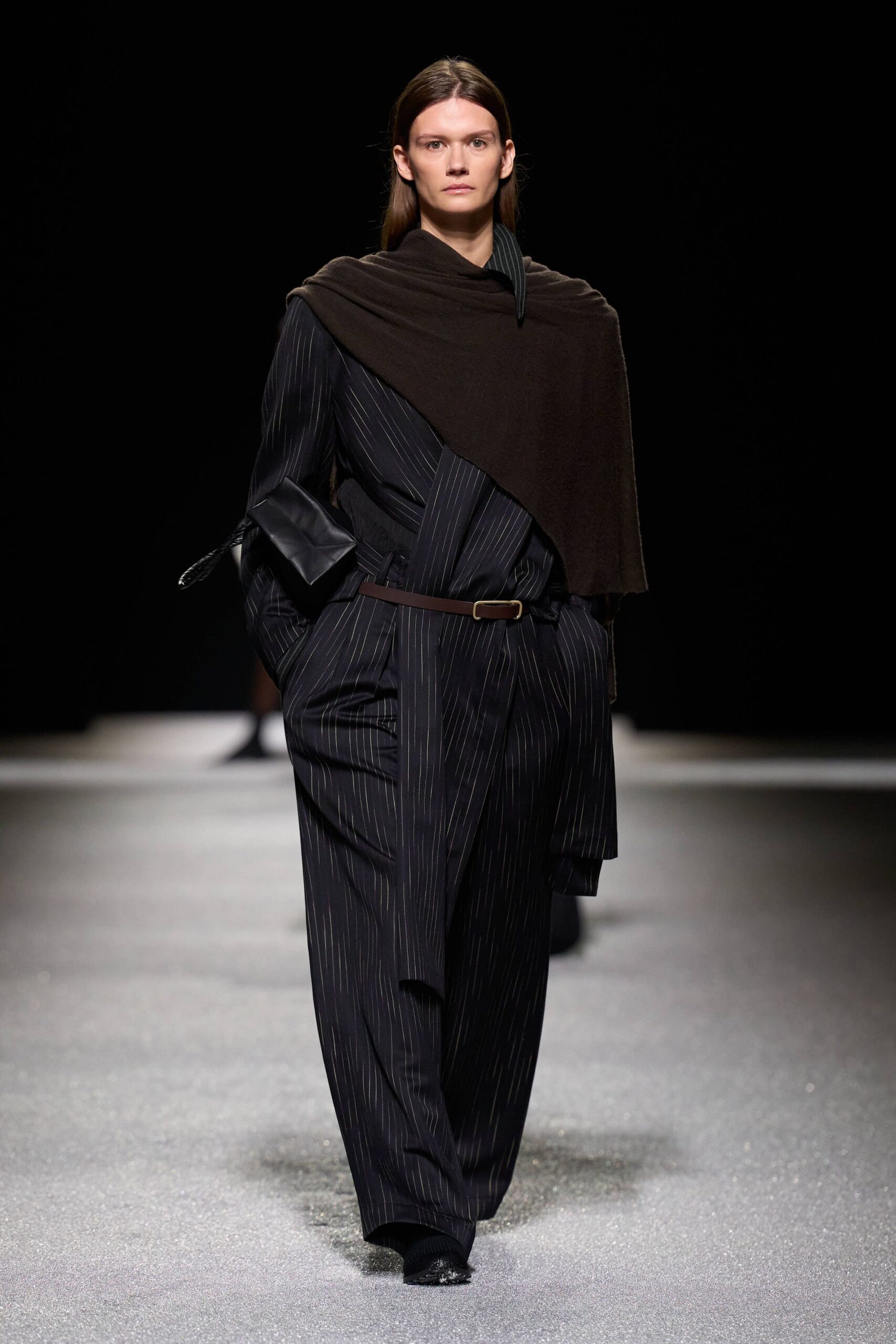 black cotton long-sleeve collared relaxed striped belted jumpsuit
