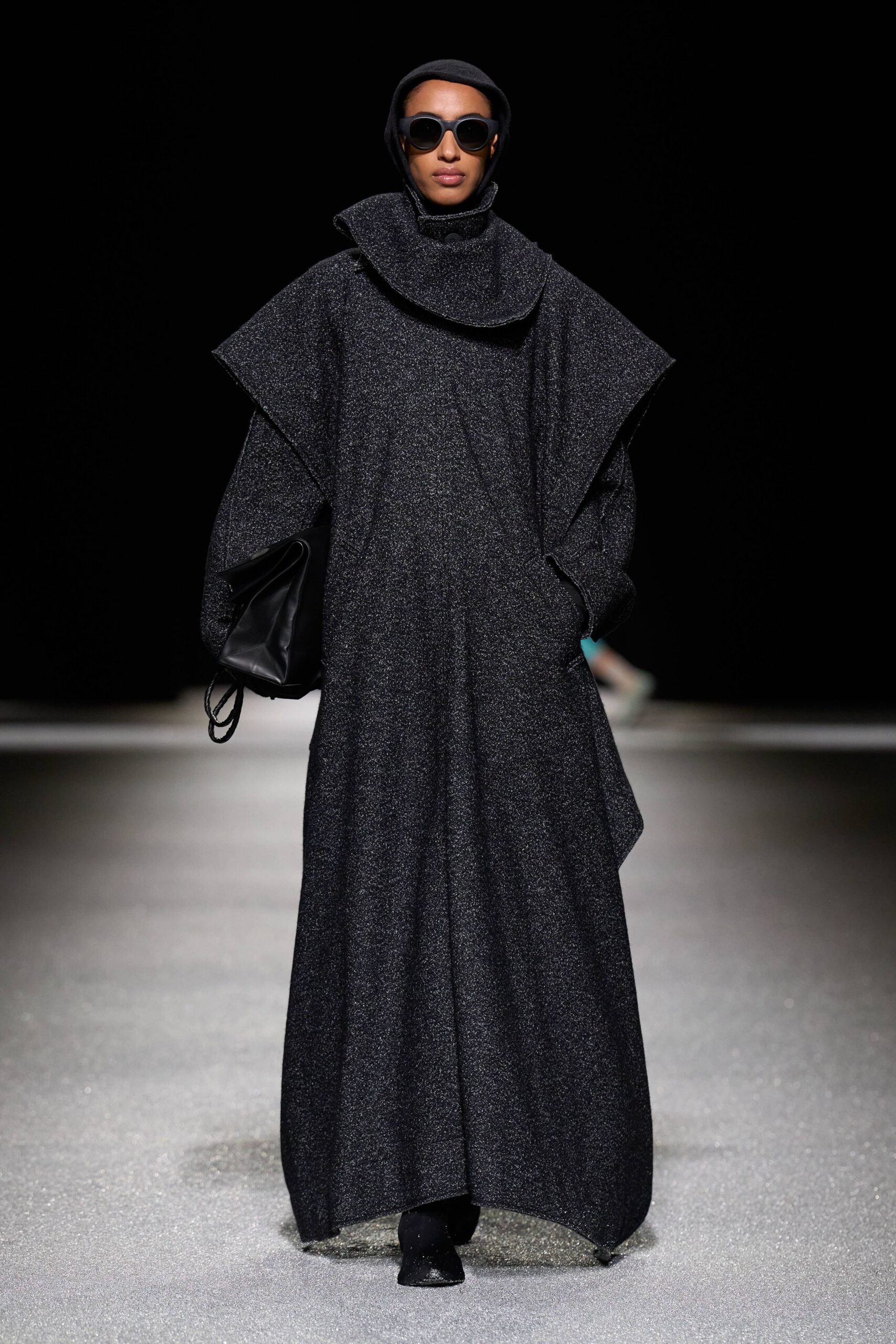 black wool long-sleeve high-neck relaxed draped maxi dress