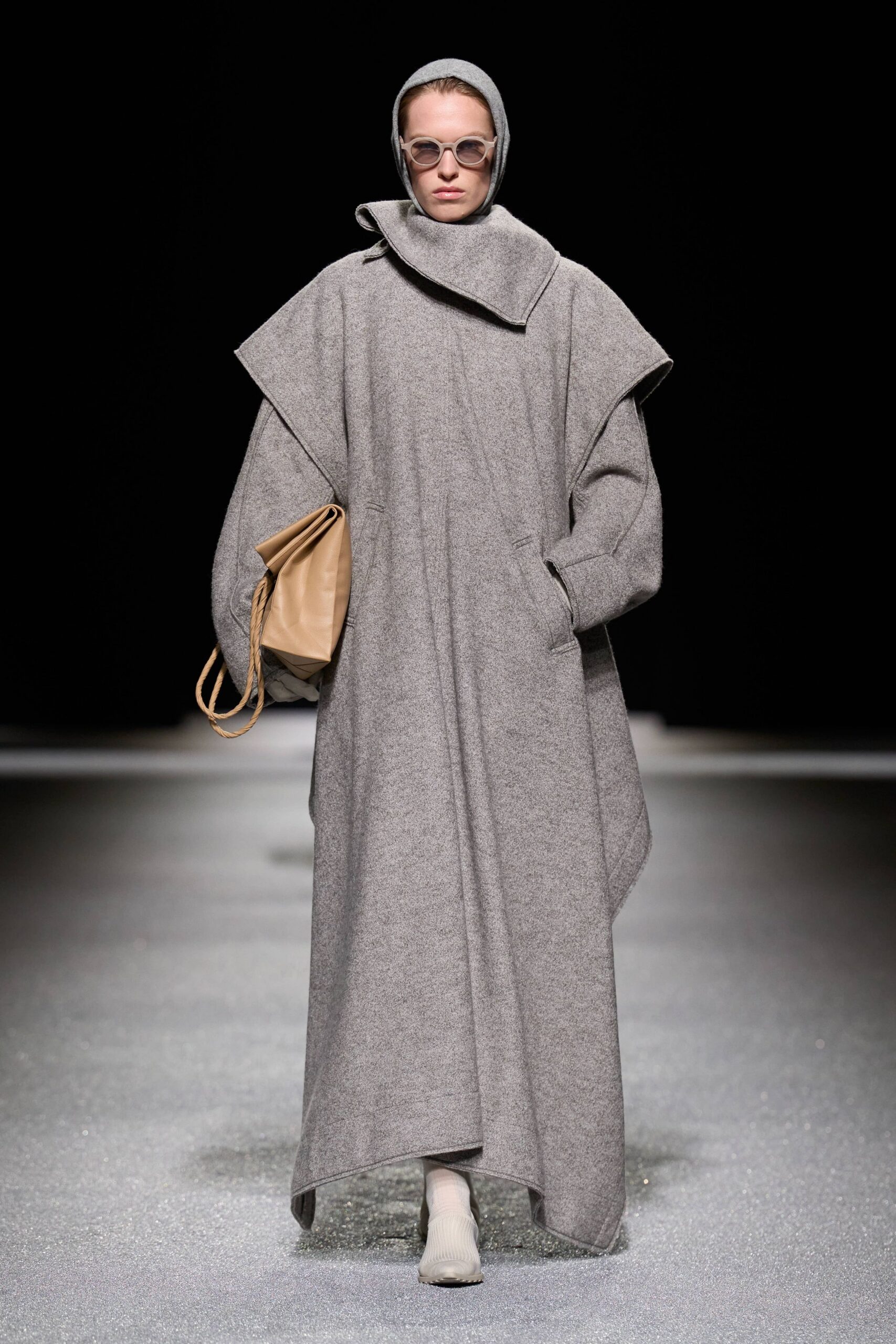 gray wool long-sleeve collared relaxed draped maxi coat