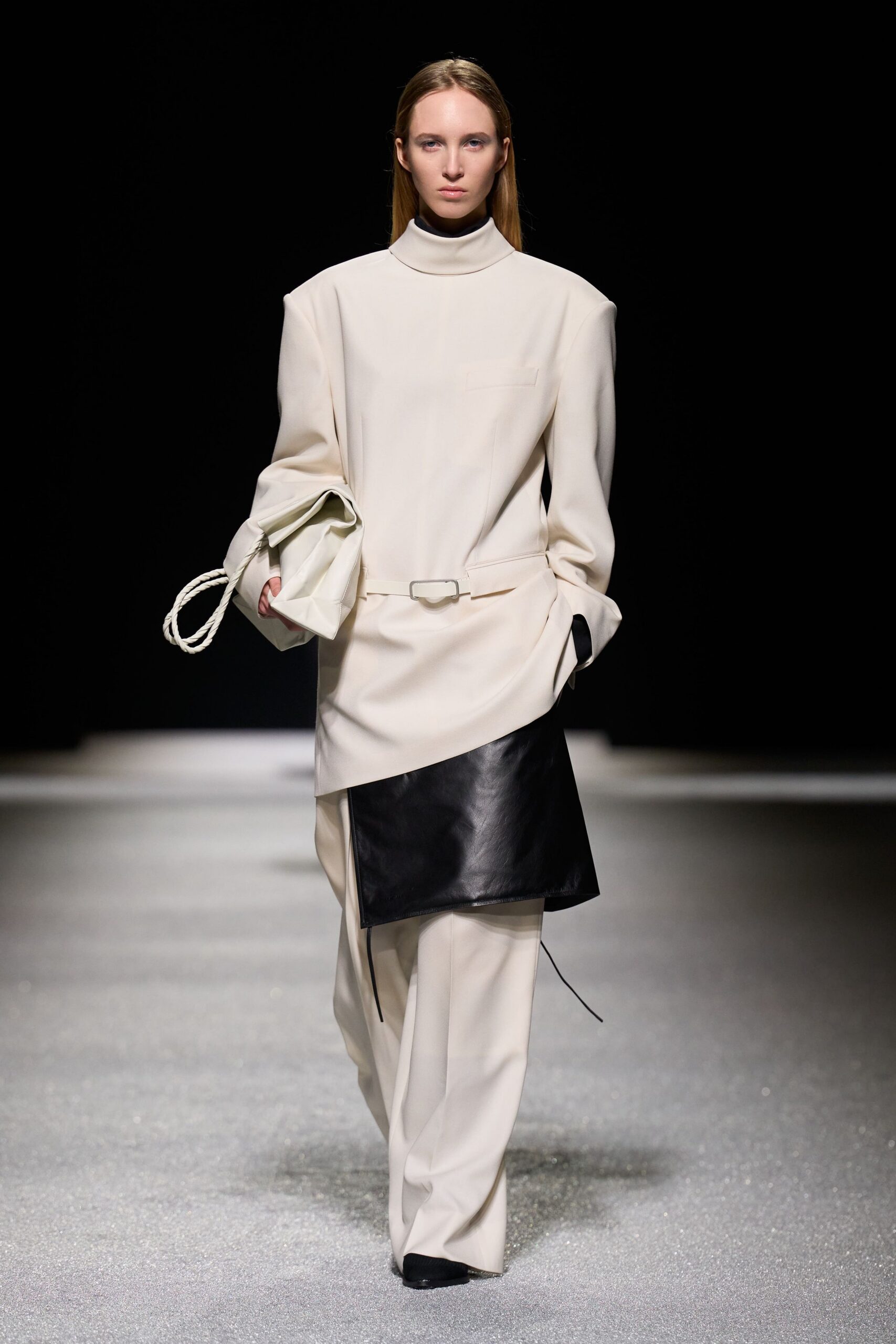 beige blazer black pants