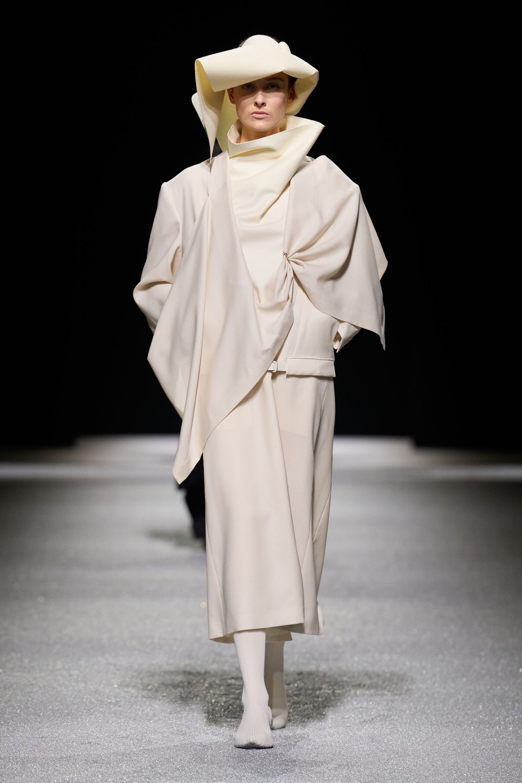 white silk long-sleeve high-neck relaxed draped midi dress