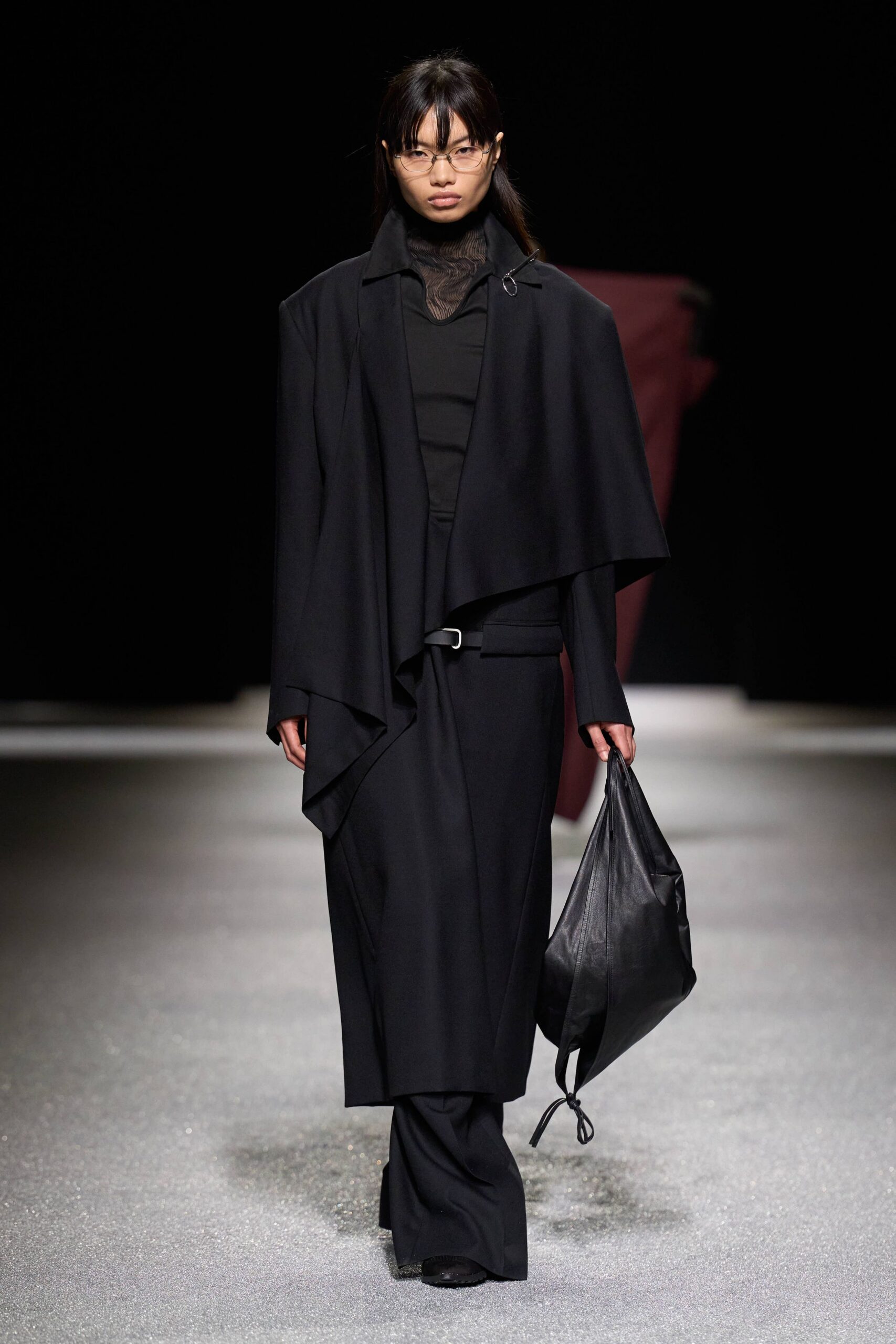 black wool long-sleeve collared relaxed draped midi coat