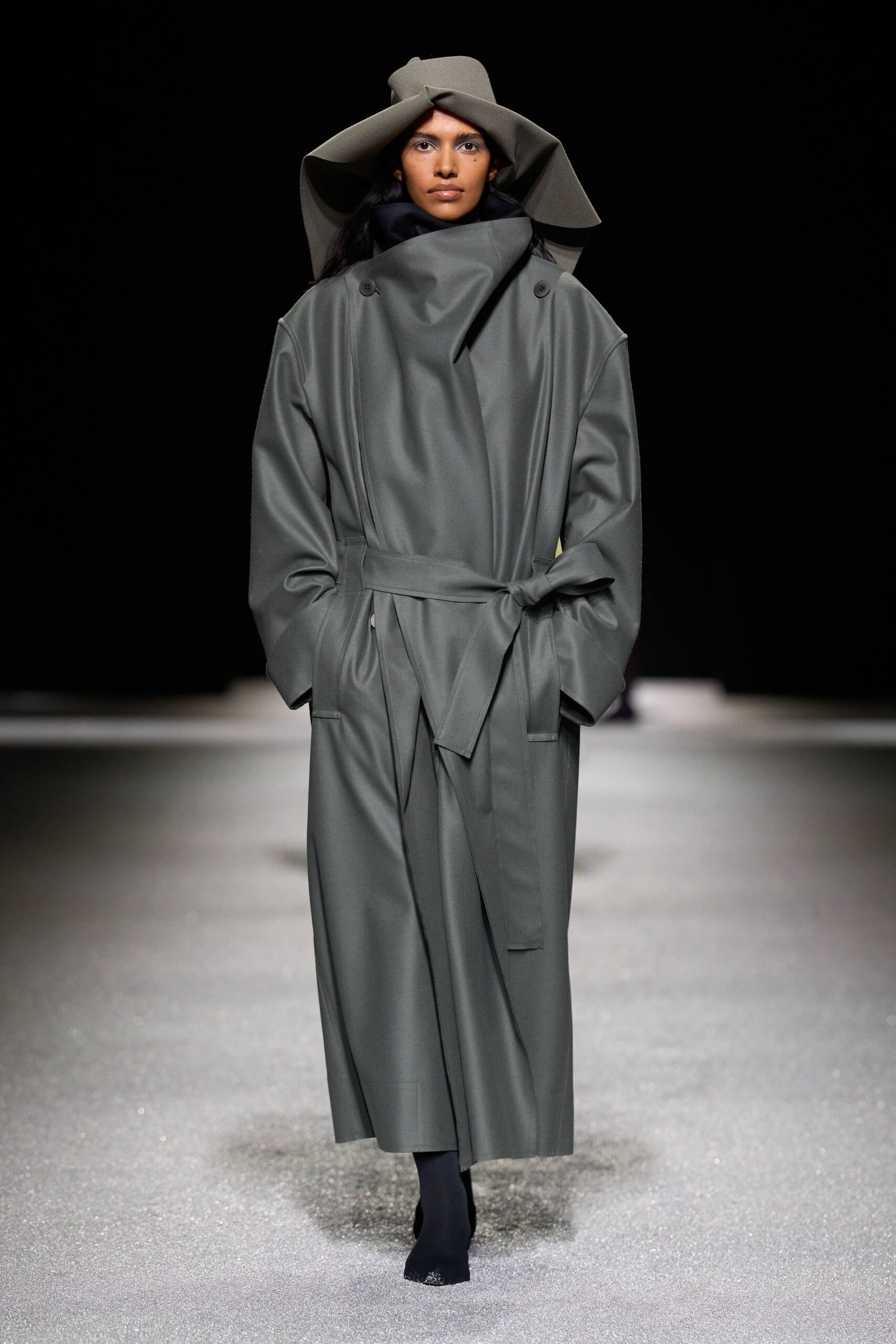 gray wool long-sleeve collared oversized belted maxi coat