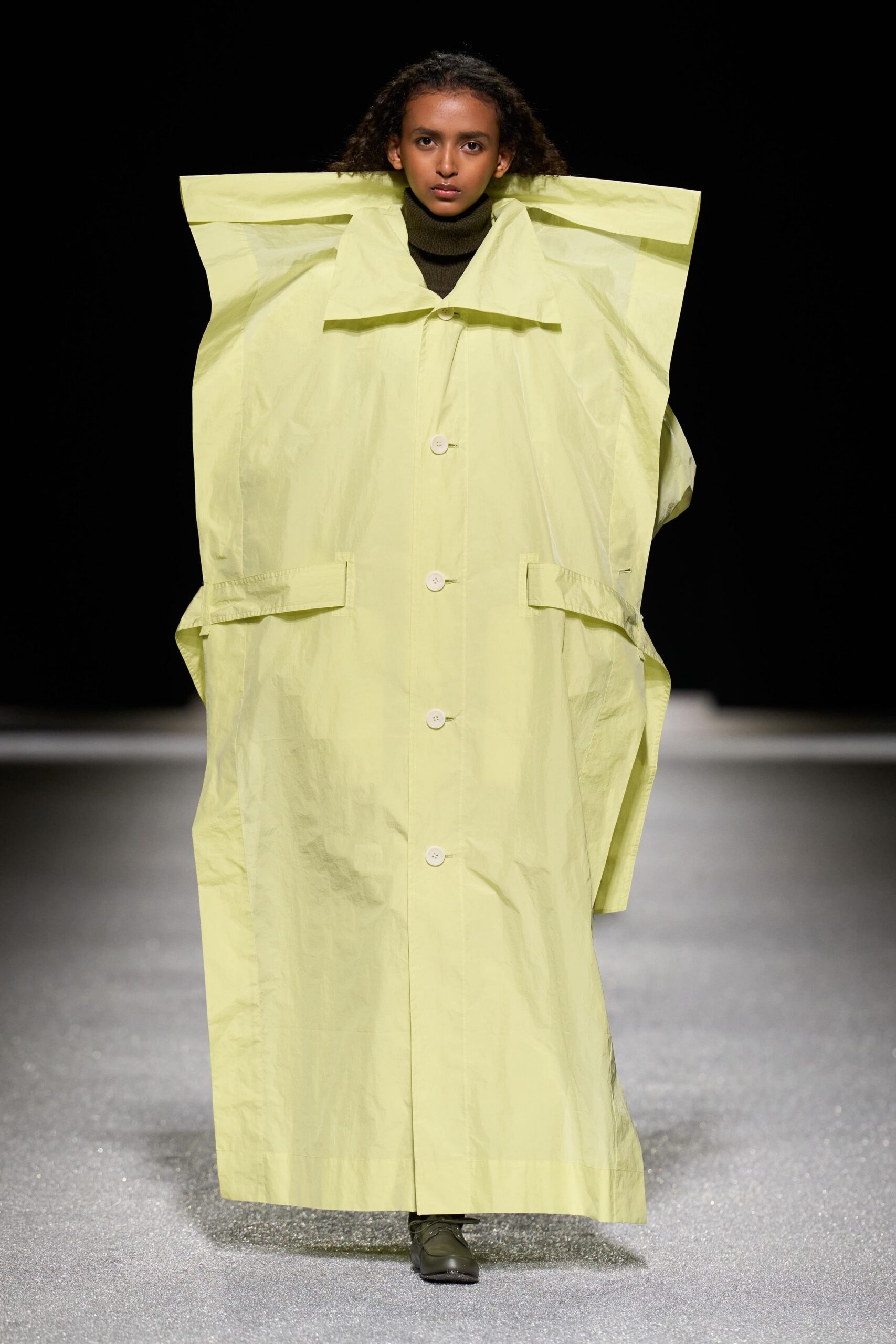 yellow cotton long-sleeve collared oversized buttoned maxi coat