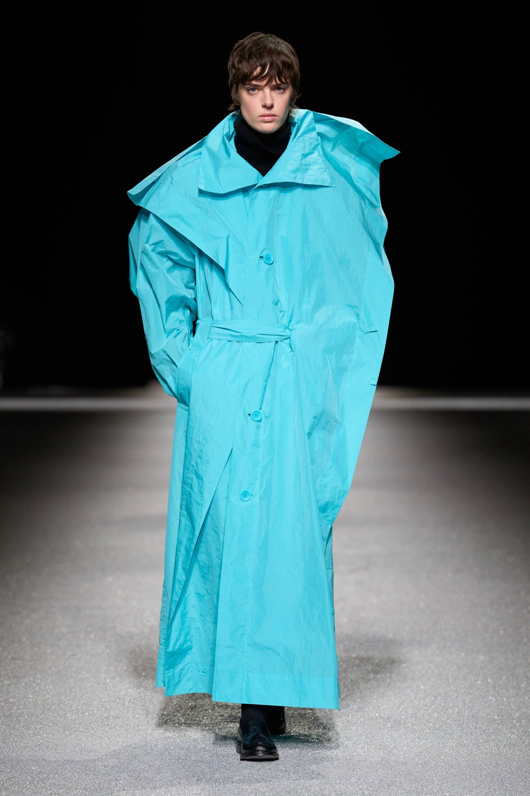 oversized blue vinyl coat