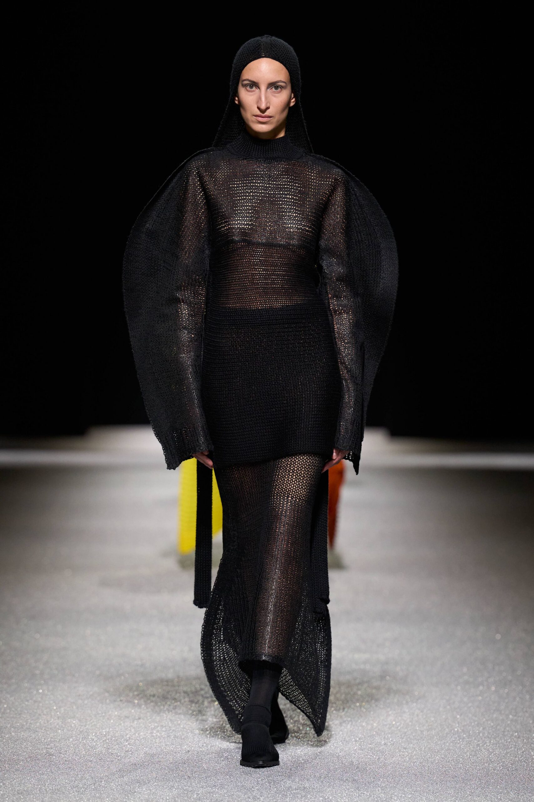 black knit long-sleeve high-neck fitted layered sheer dress