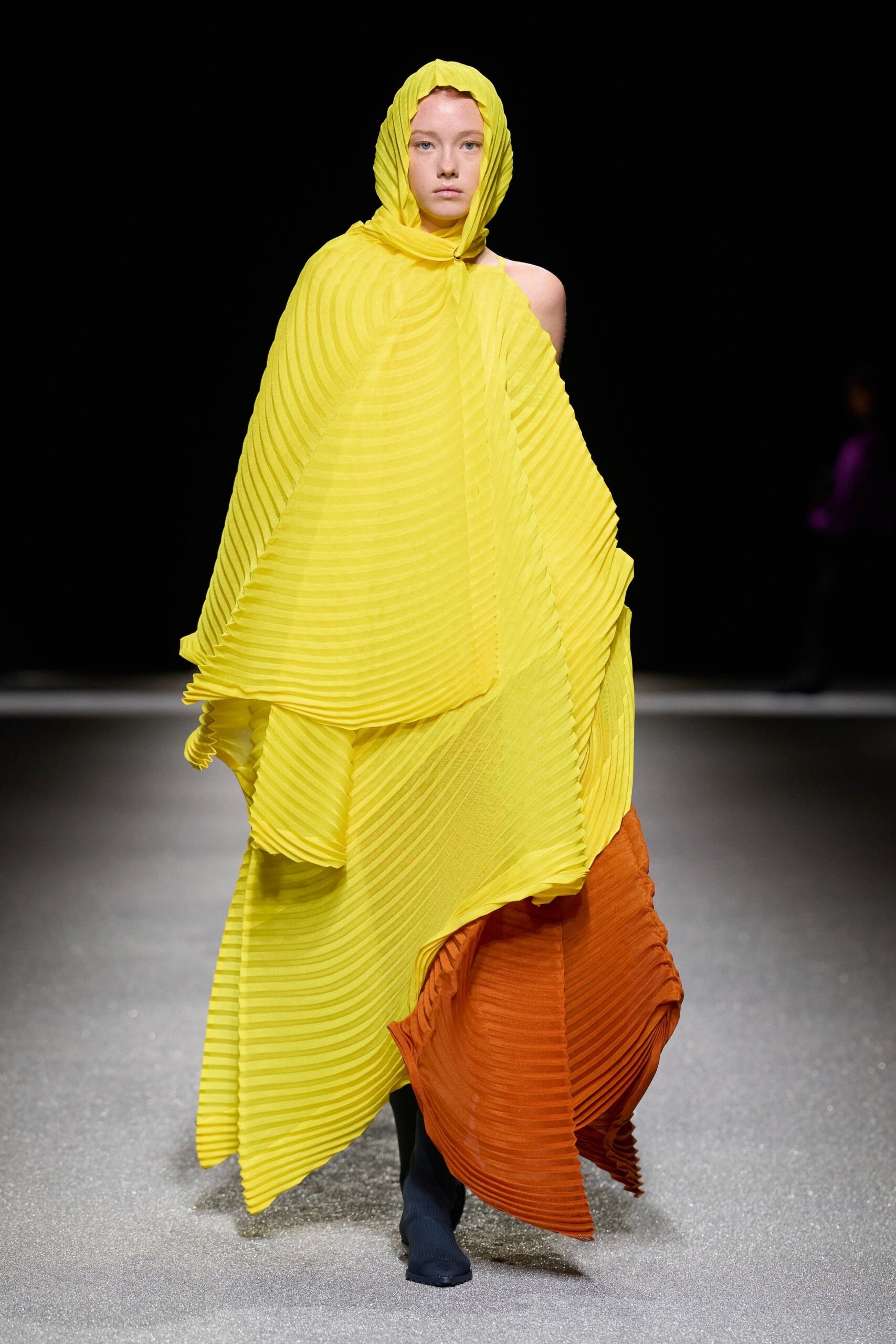 yellow silk sleeveless off-shoulder relaxed pleated flowing cape