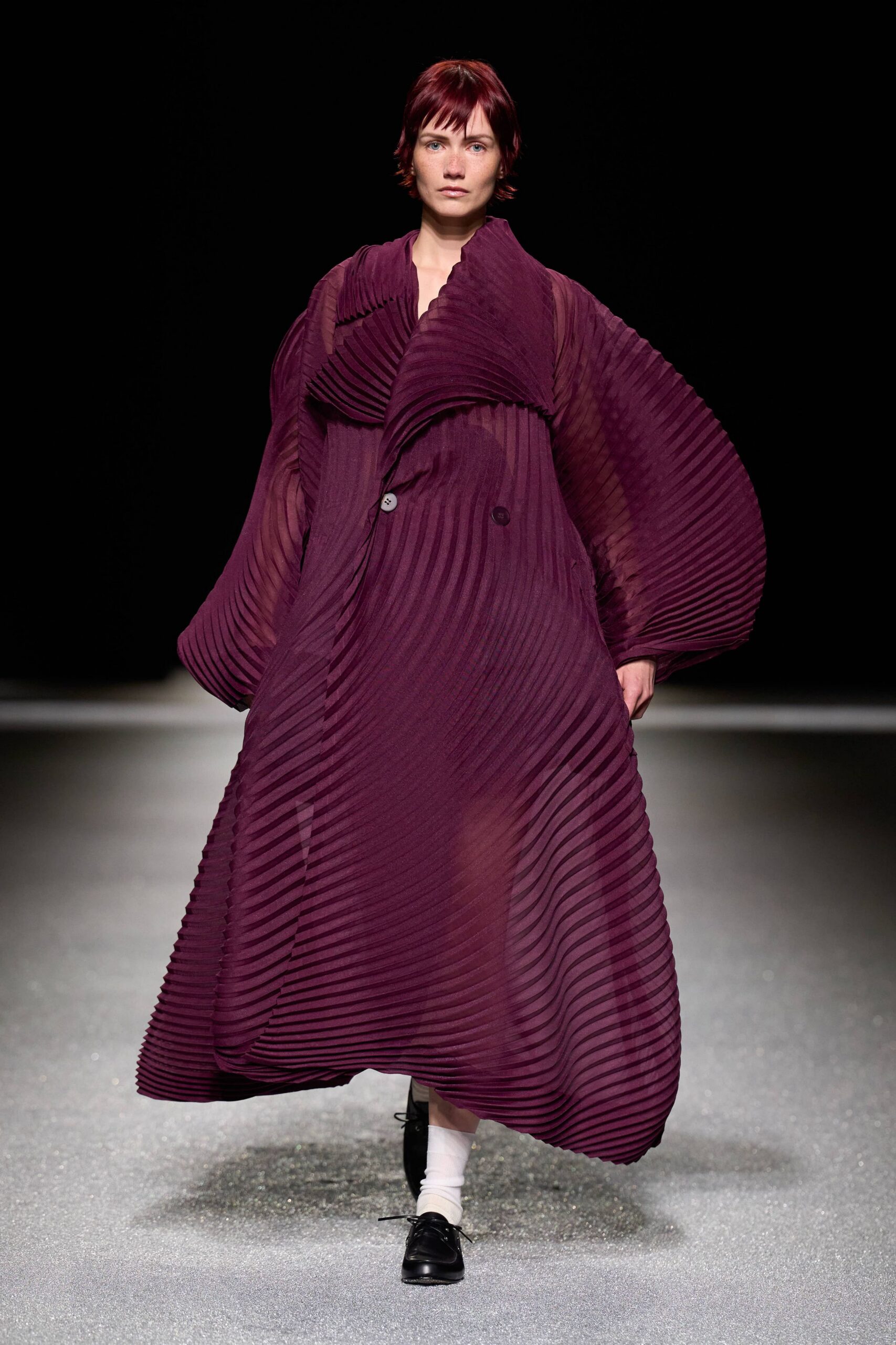purple silk long-sleeve collared relaxed pleated flowing coat