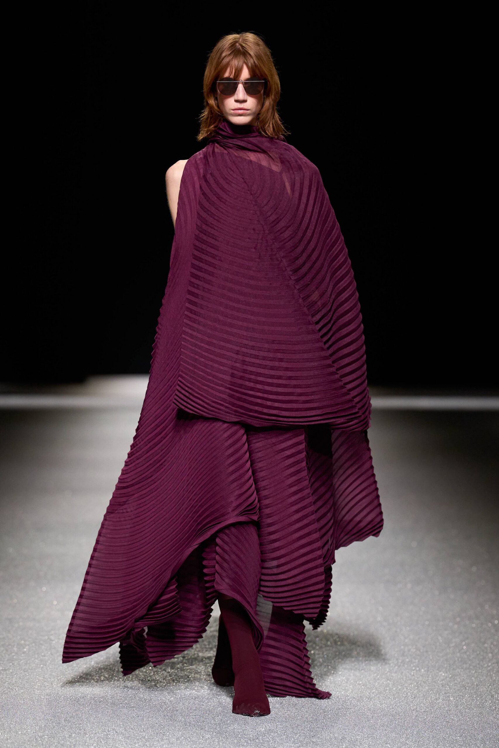 purple pleated silk gown