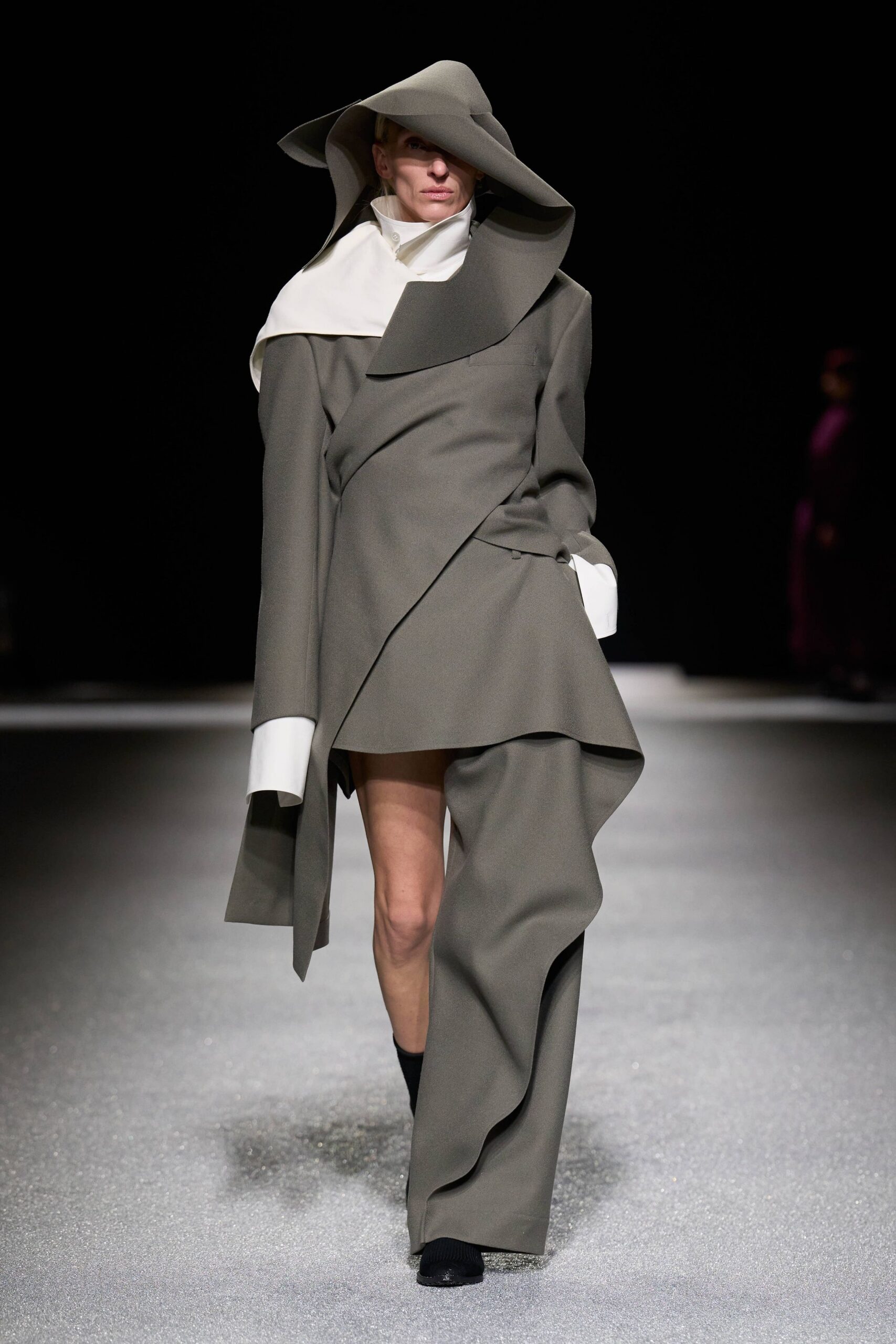 gray wool long-sleeve collared fitted draped mini dress