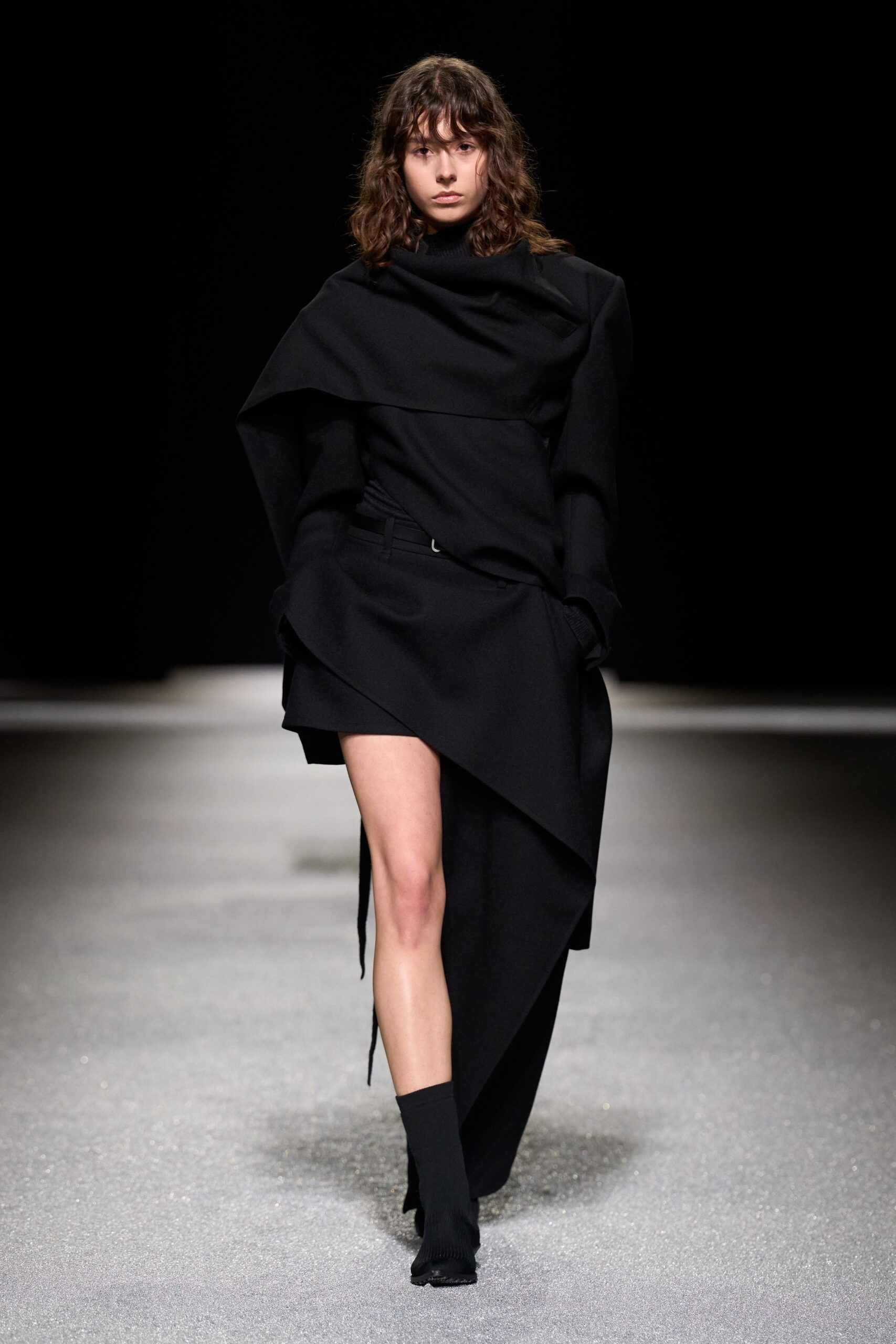 black cotton long-sleeve high-neck fitted draped mini dress