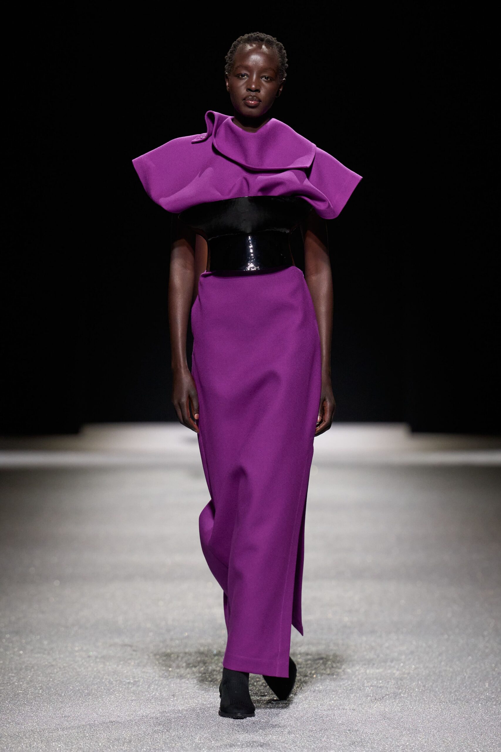 purple silk sleeveless high-neck fitted draped maxi gown