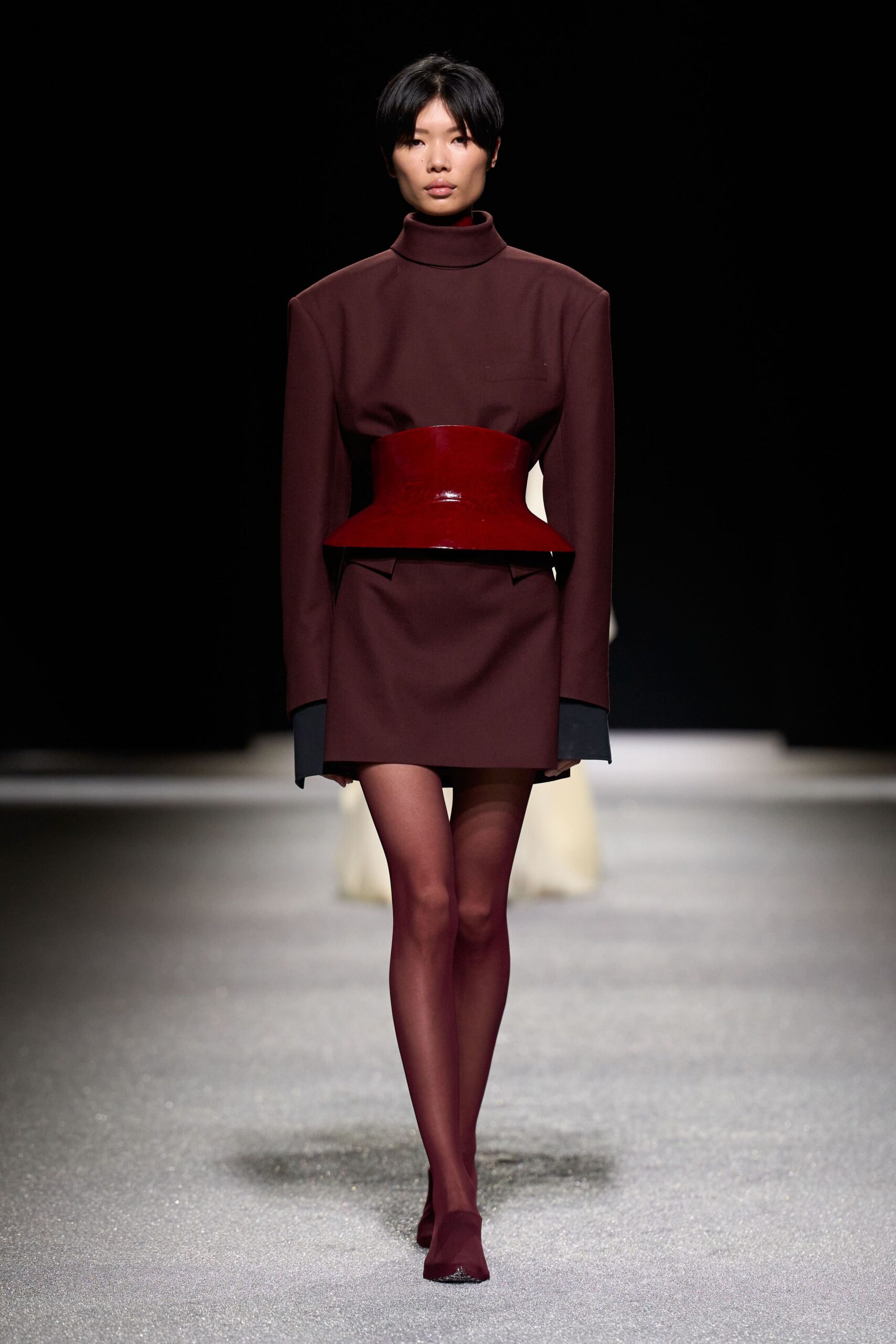 maroon cotton long-sleeve high-neck fitted structured belted dress