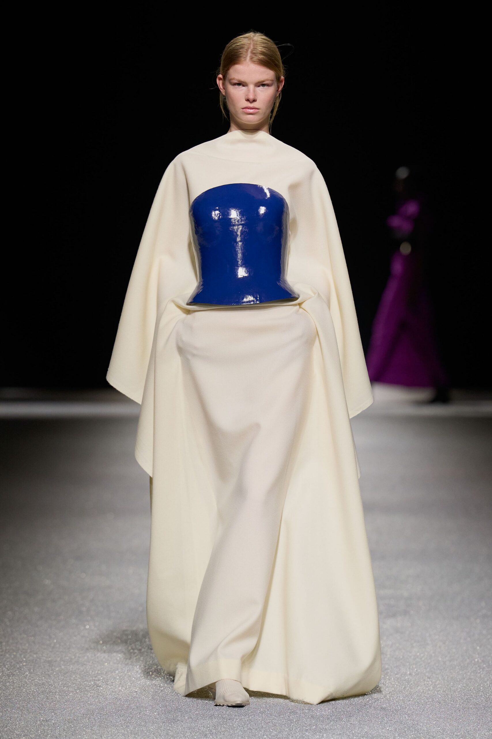 white silk gown with blue corset