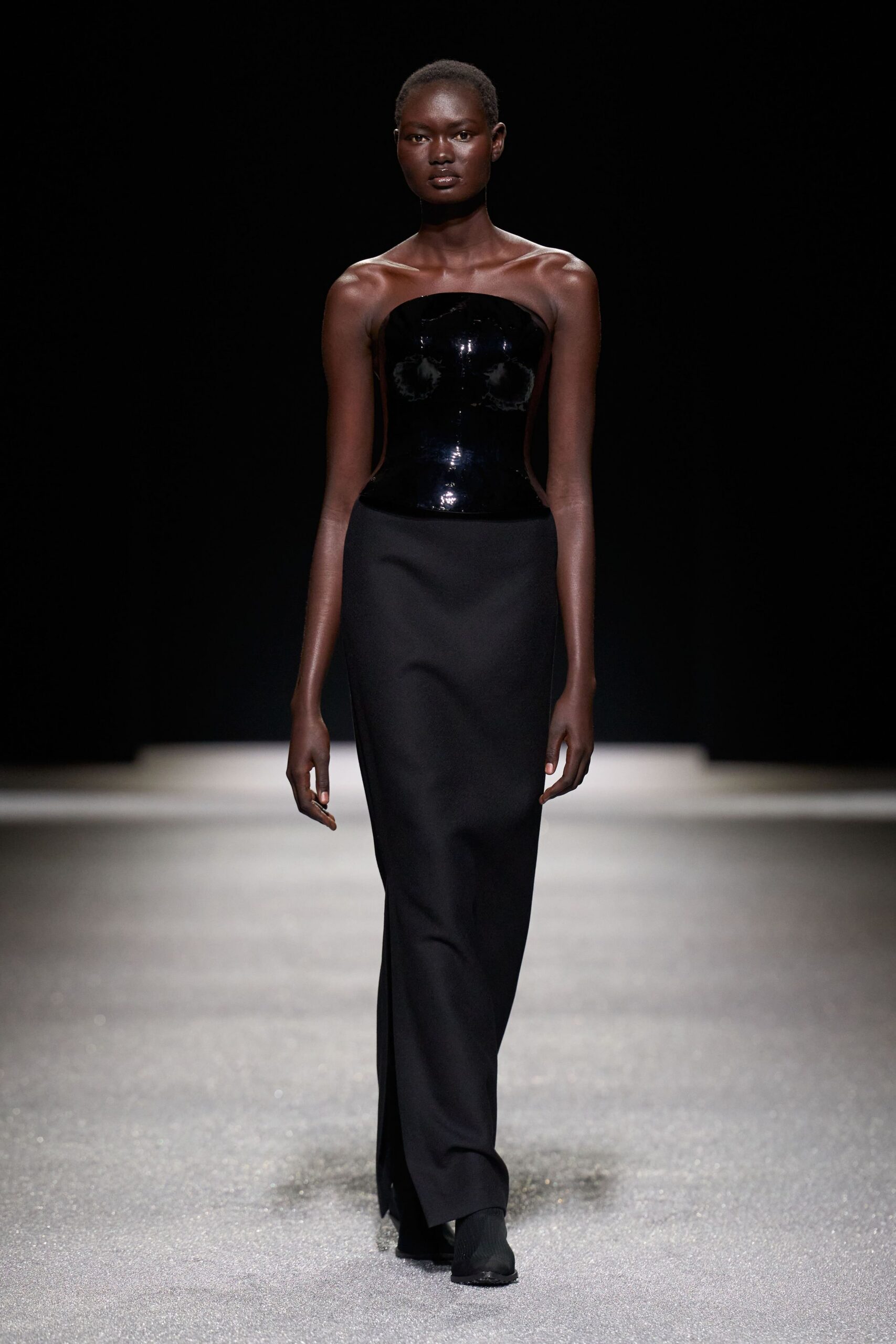 black sequined strapless gown