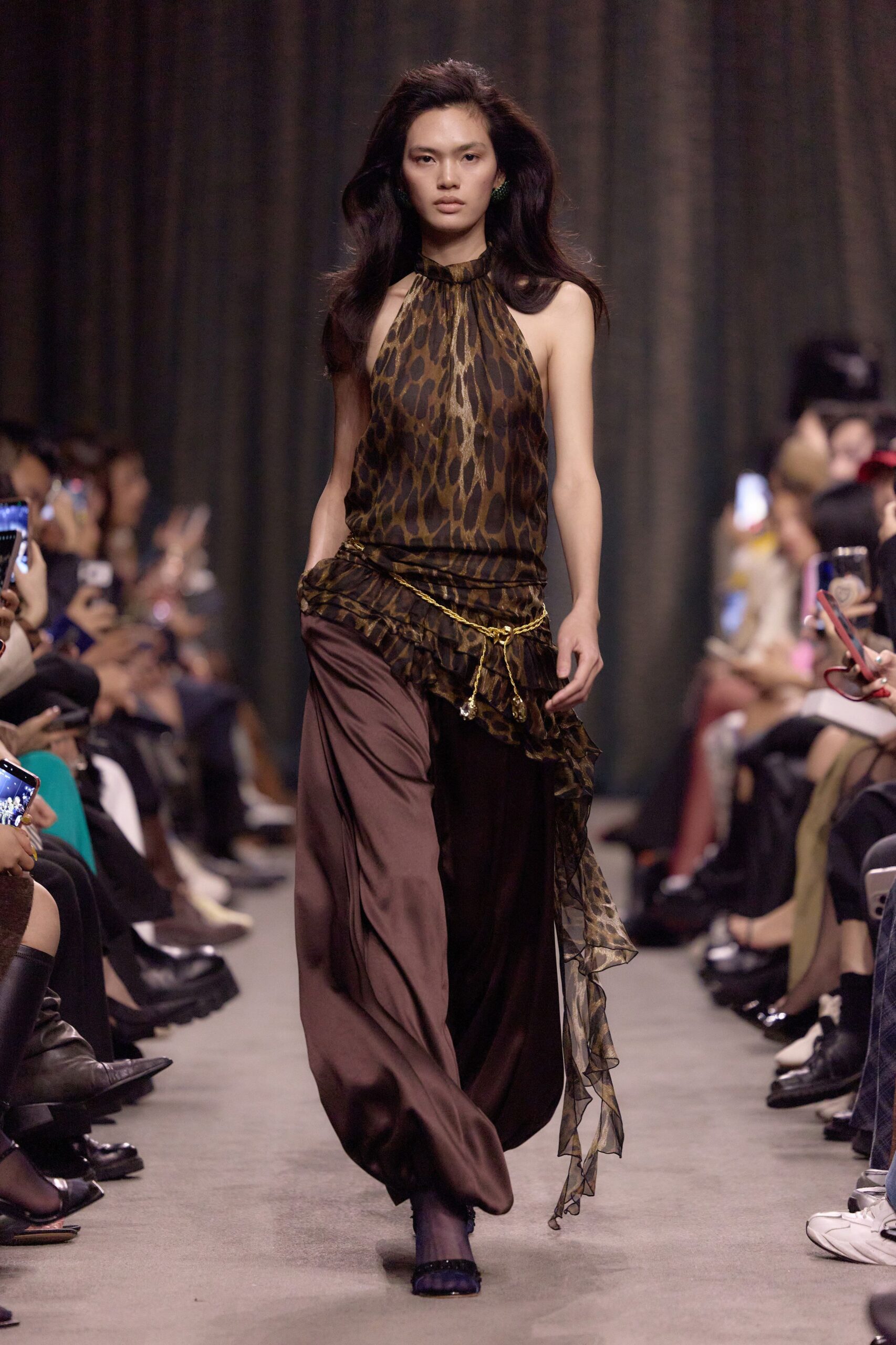 brown silk sleeveless halter relaxed animal-print draped top