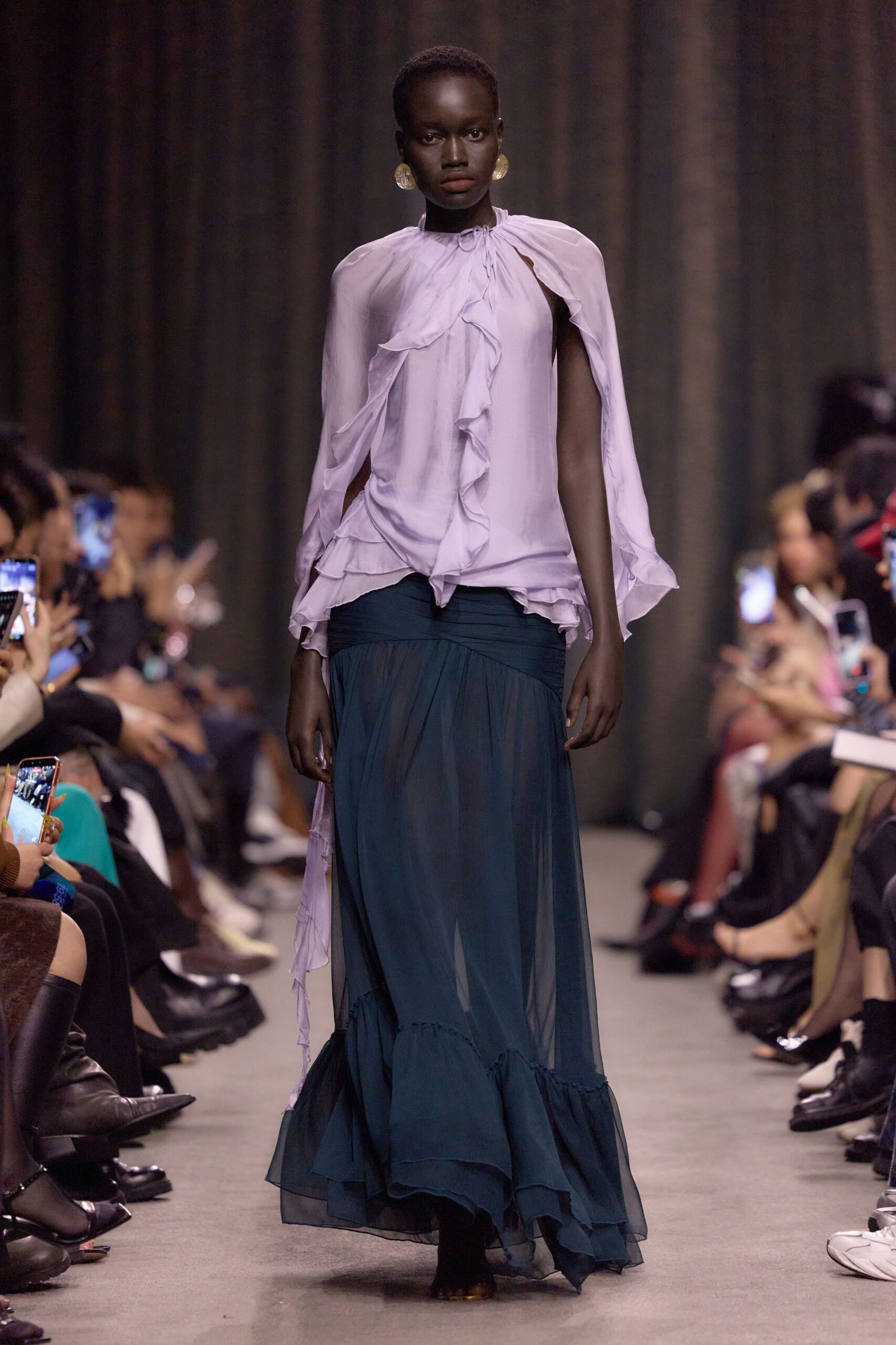 teal chiffon fitted high-waisted tiered sheer flowing skirt