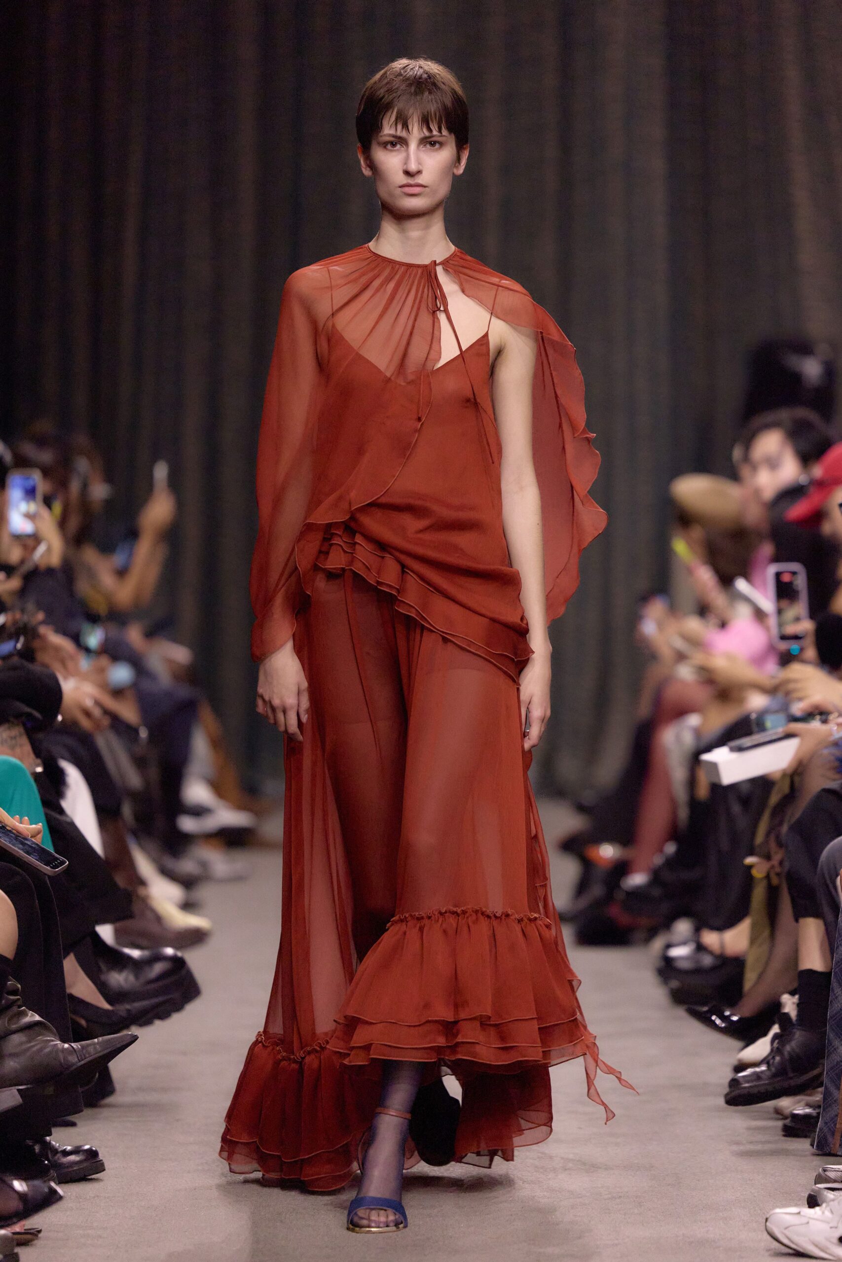 red chiffon sleeveless v-neck fitted layered ruffled dress