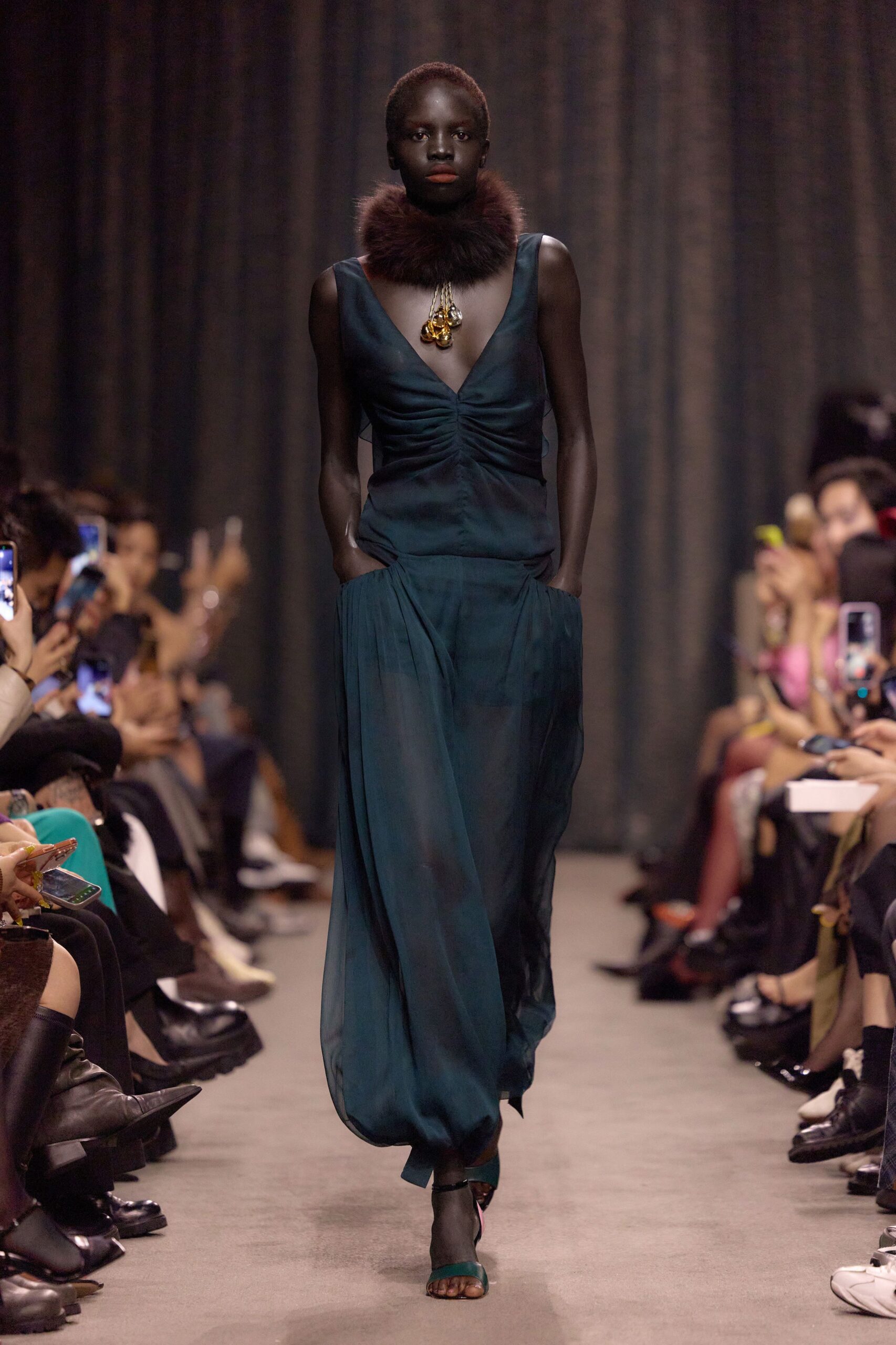 teal silk sleeveless v-neck fitted draped flowing gown