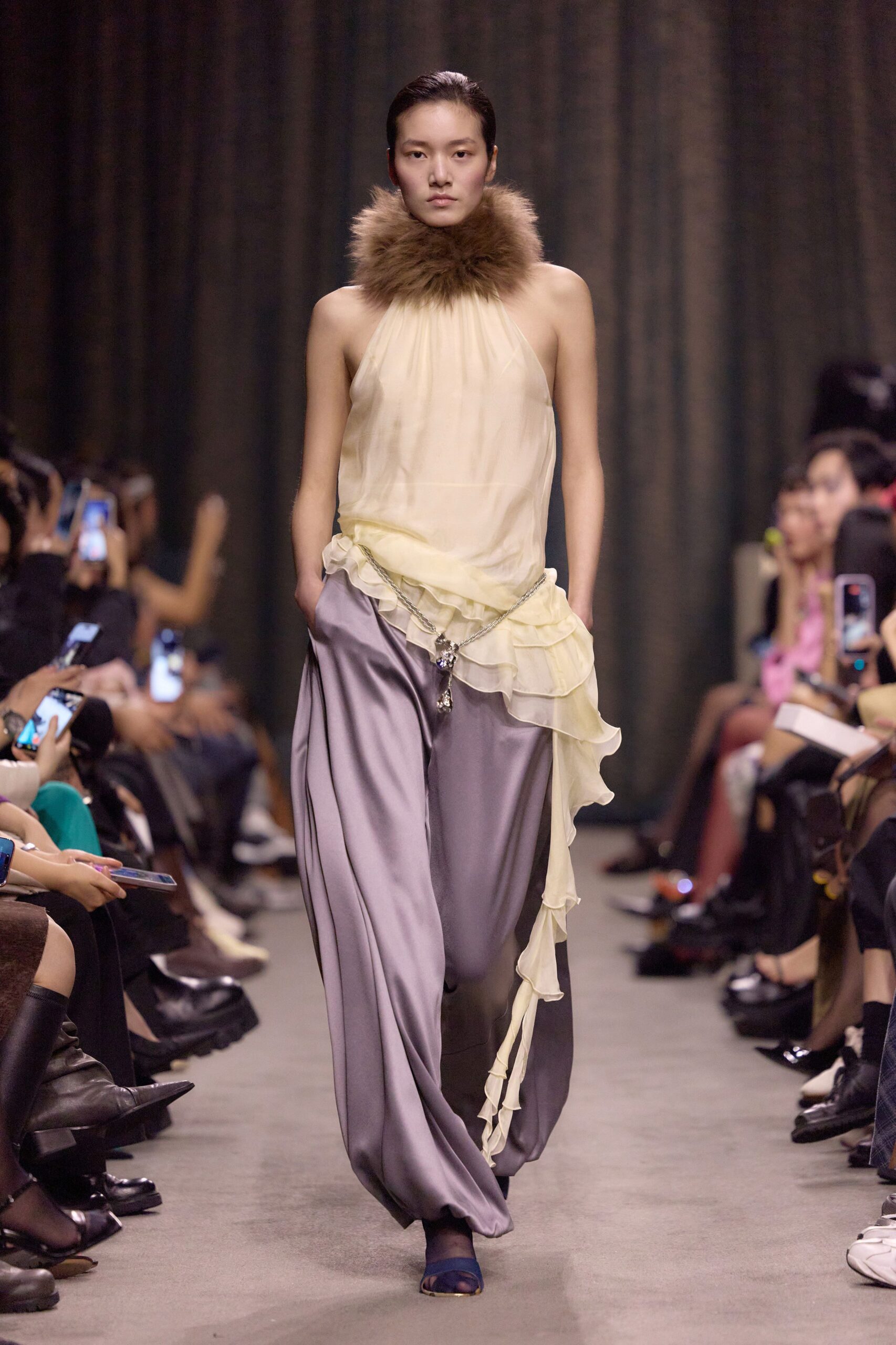 yellow silk sleeveless high-neck relaxed draped layered top