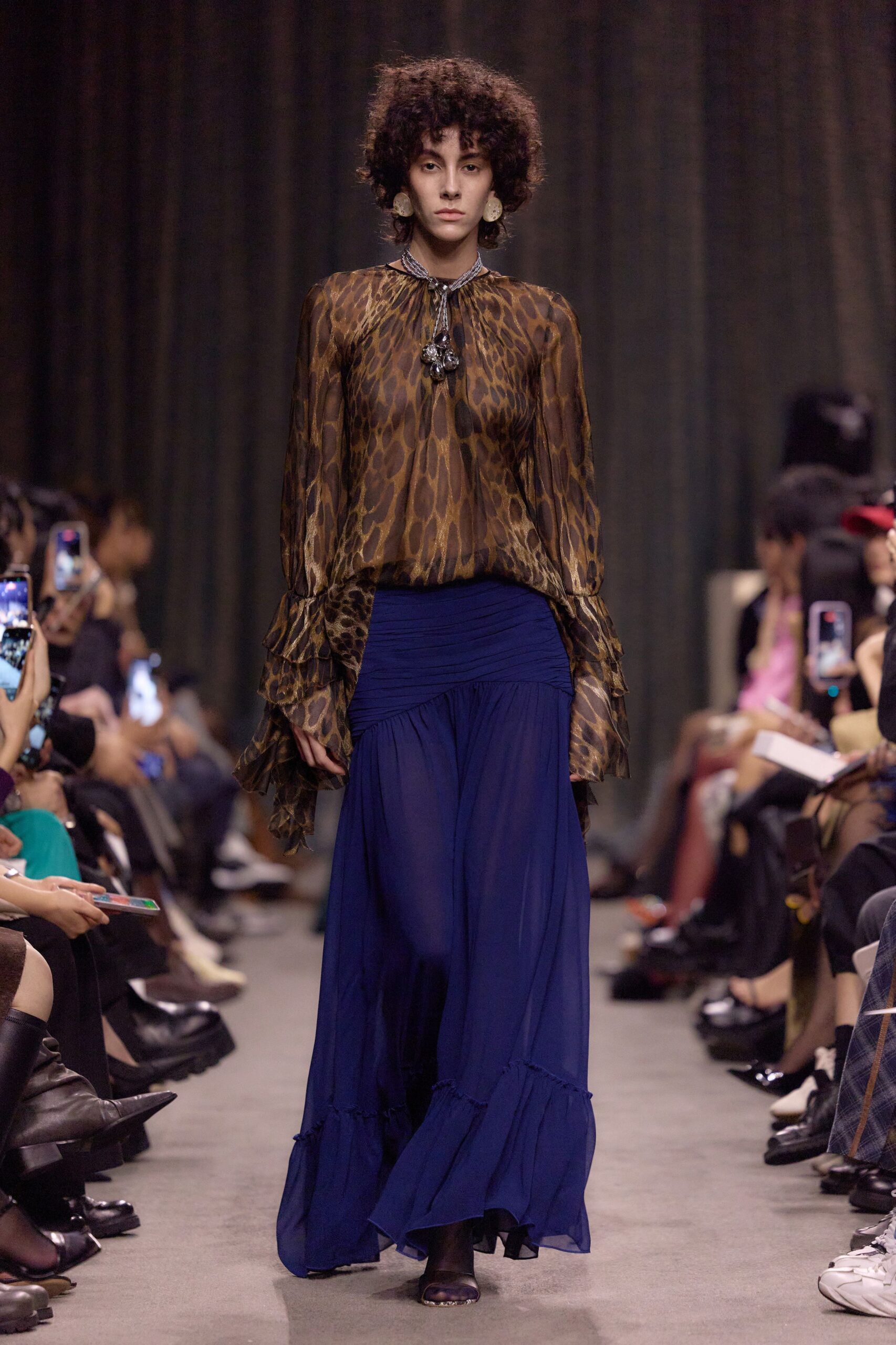 brown silk long-sleeve collared relaxed animal-print ruffled blouse