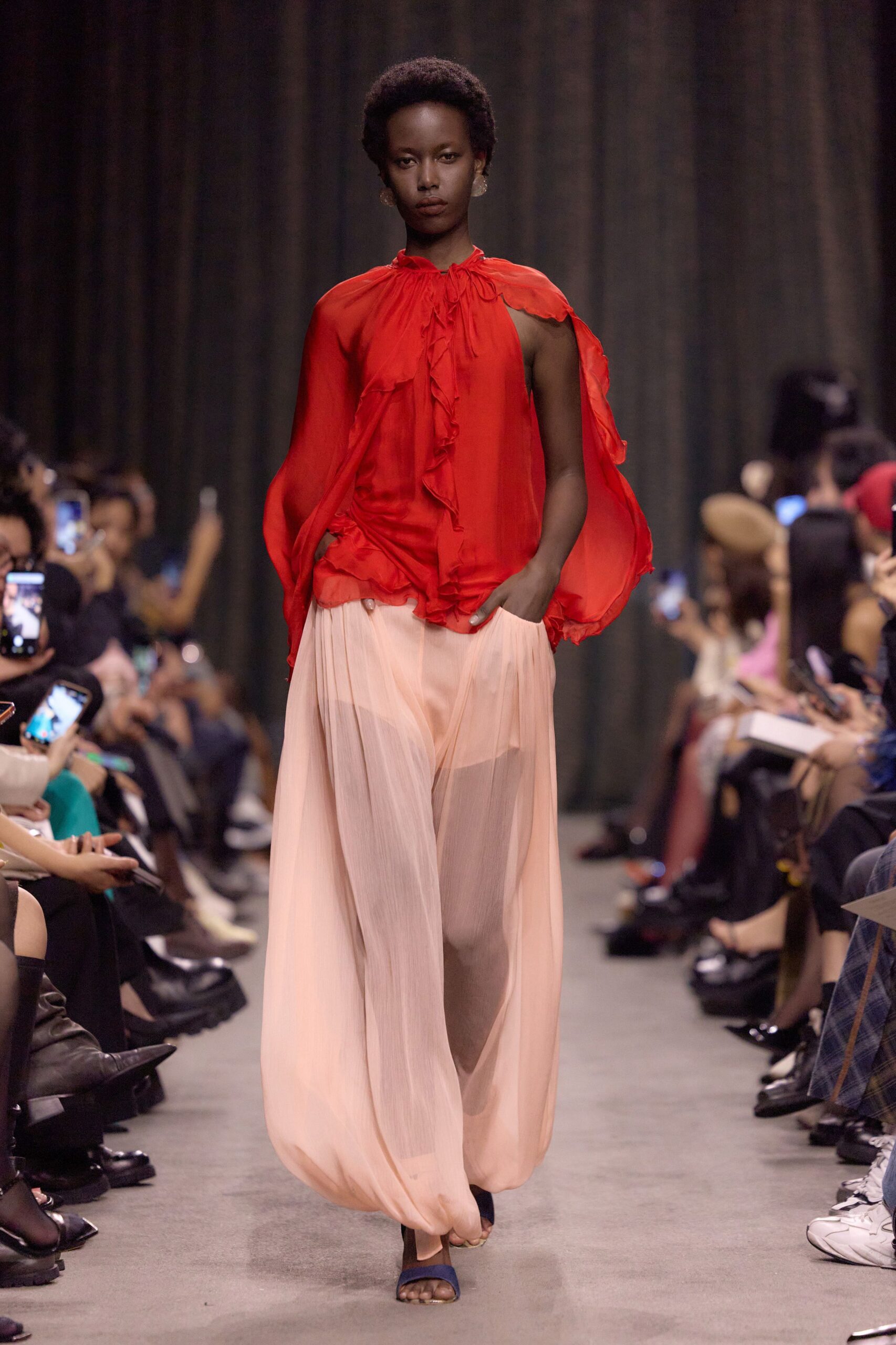 red chiffon sleeveless v-neck relaxed ruffled flowing top