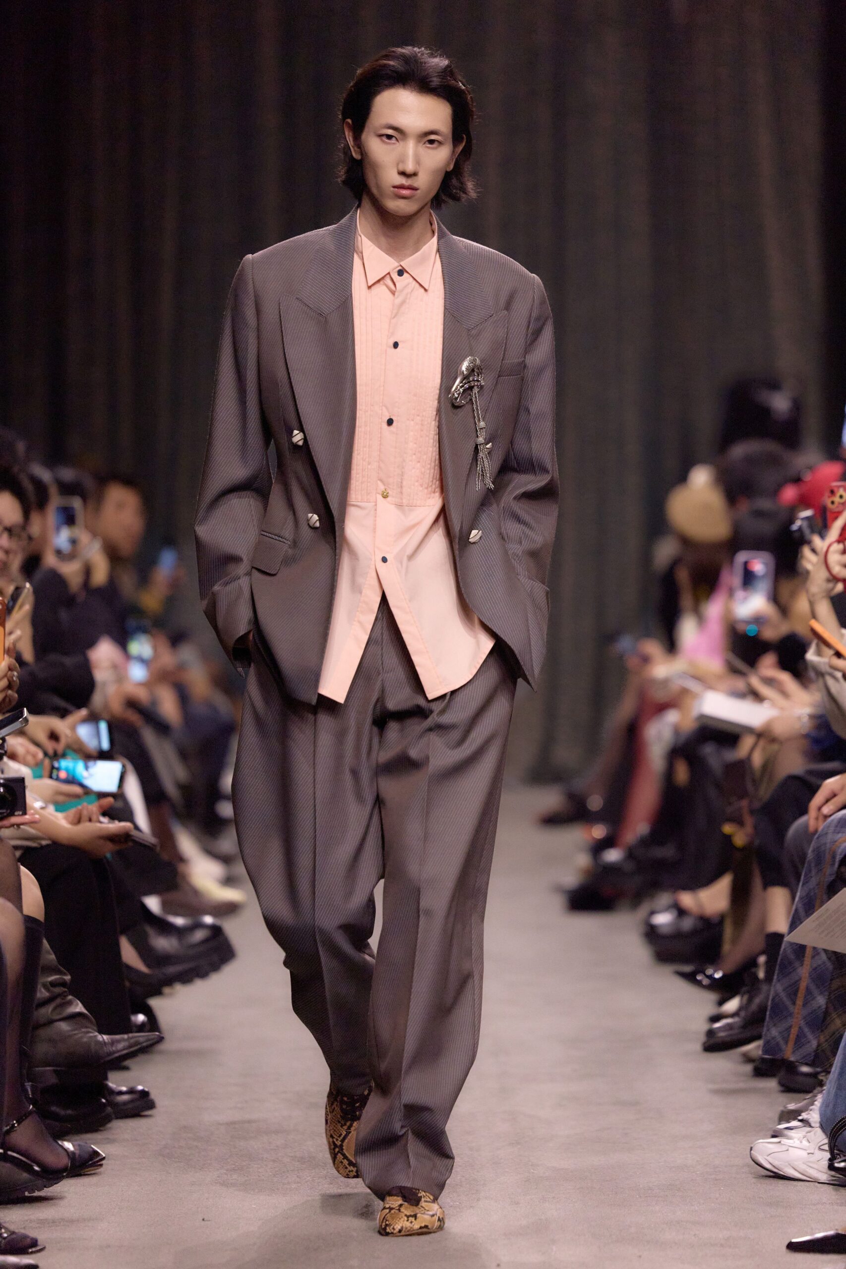 gray wool tailored straight-leg pants