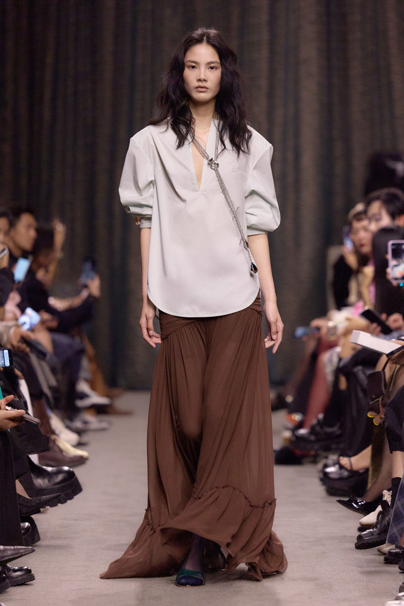 brown silk fitted high-waisted tiered flowing skirt