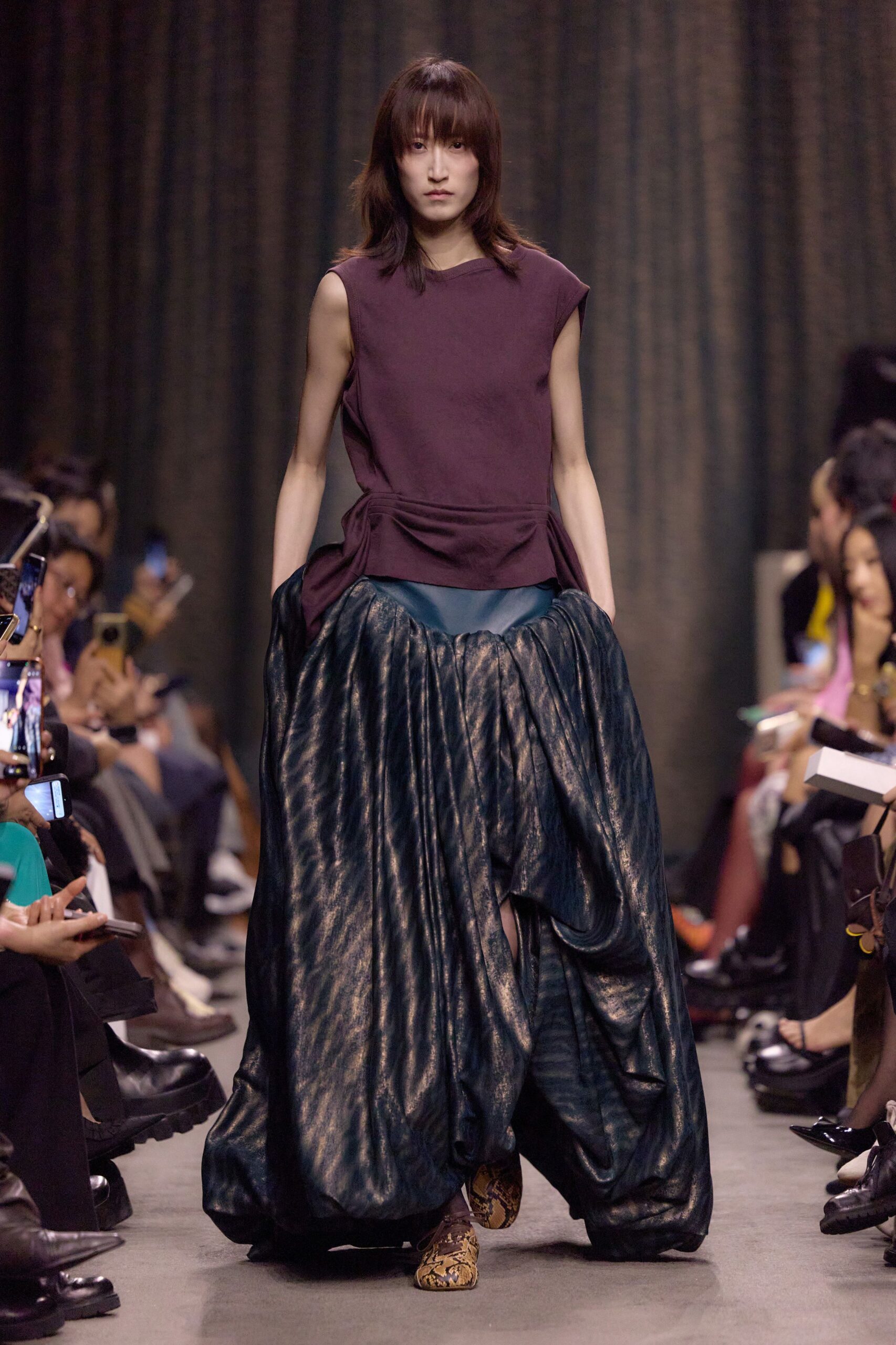 black silk fitted pleated shiny maxi skirt