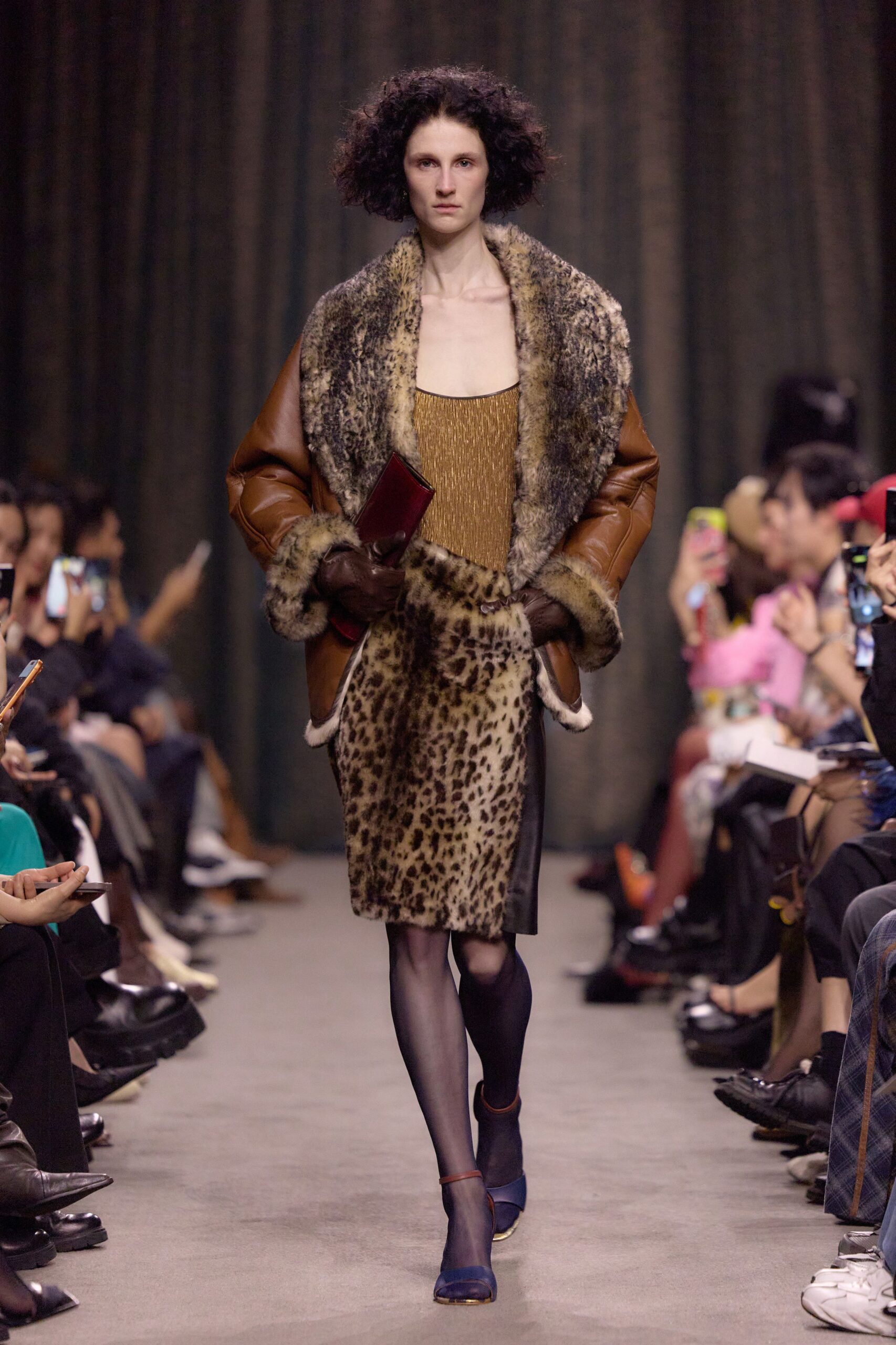 gold silk sleeveless v-neck fitted animal-print tiered dress
