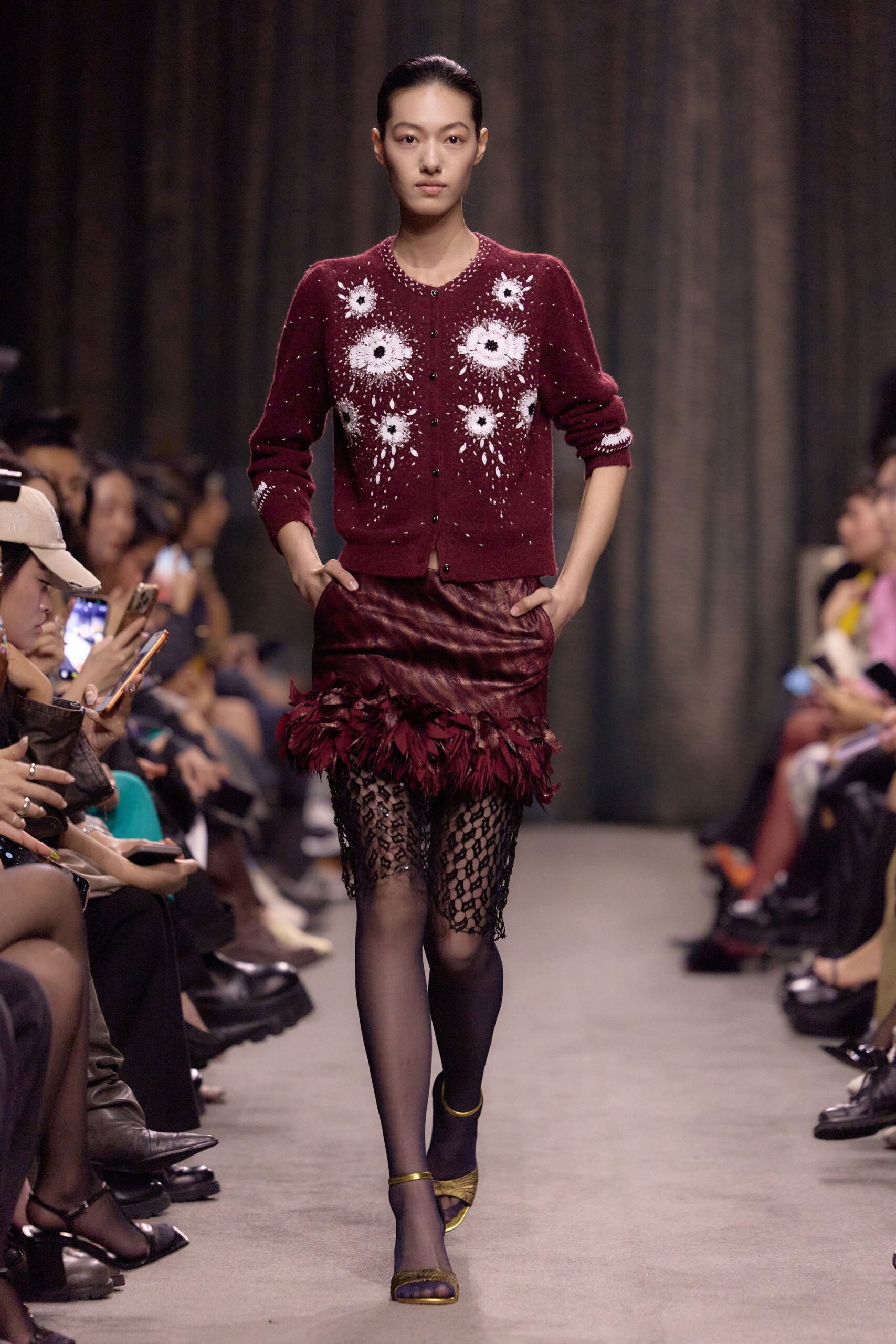 red wool long-sleeve collared fitted embroidered cardigan