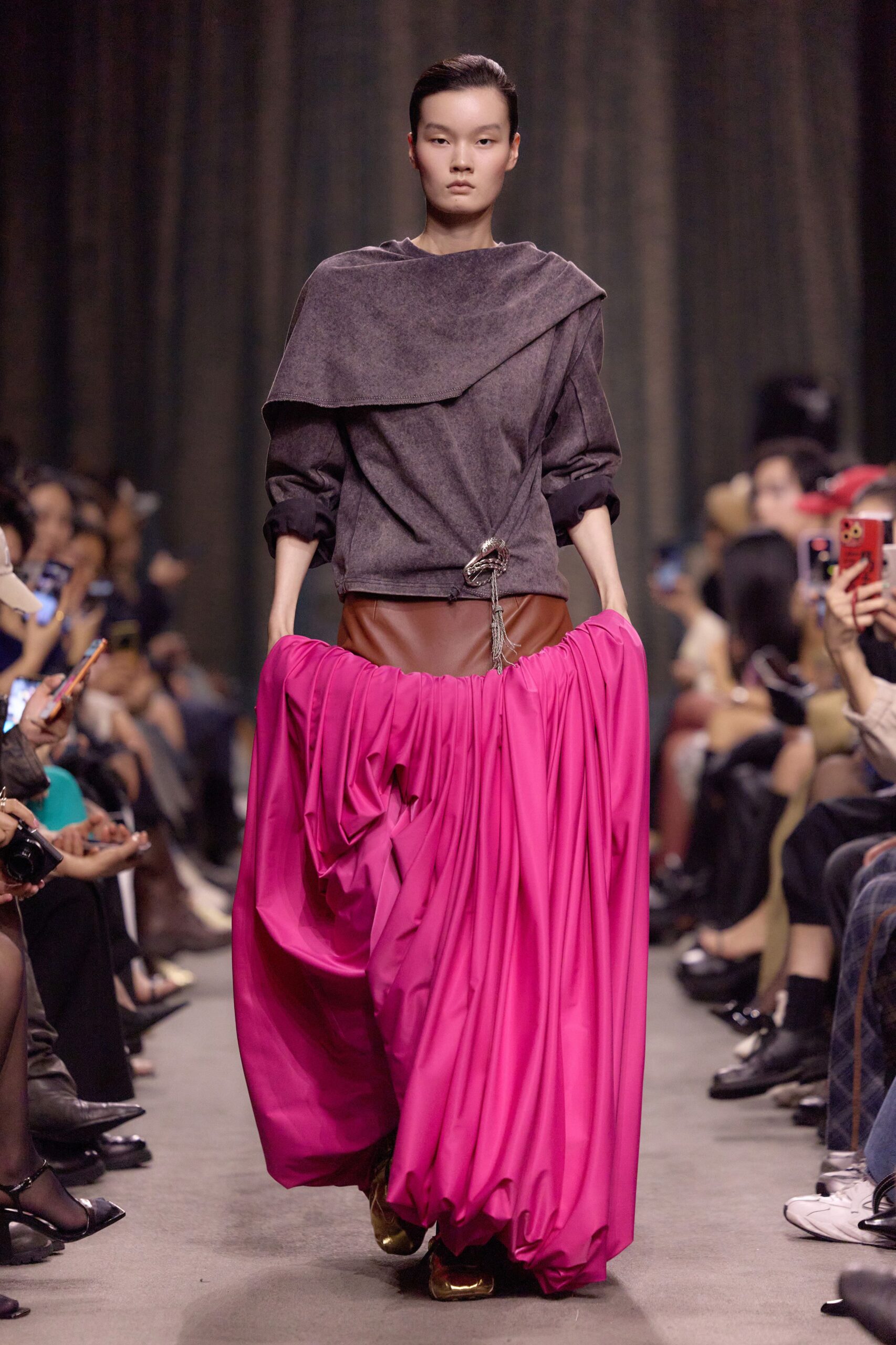 pink silk fitted pleated flowing maxi skirt