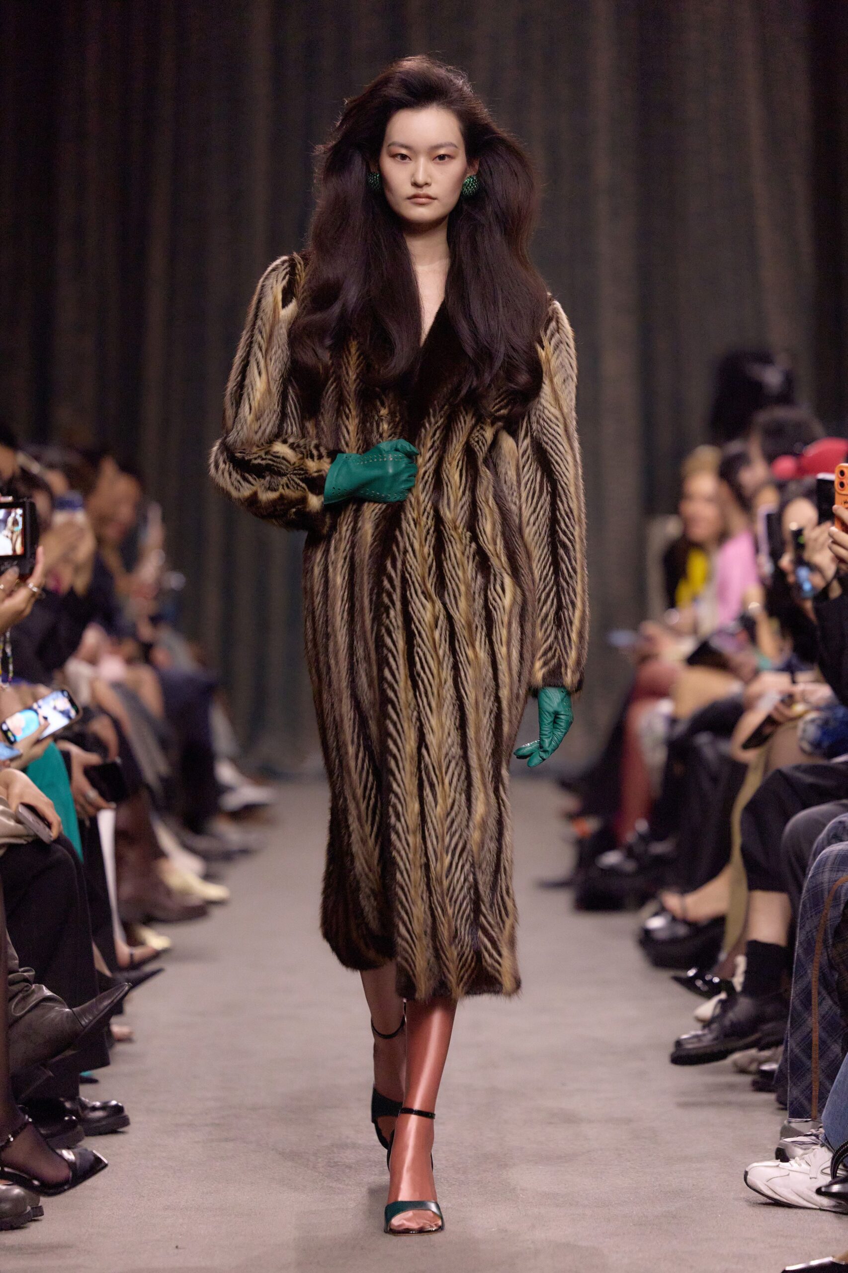 brown fur long-sleeve collared relaxed striped maxi coat