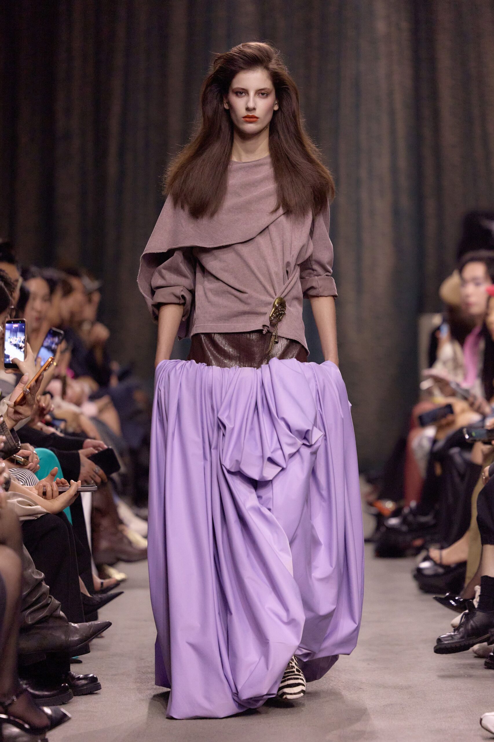 brown cotton long-sleeve asymmetric relaxed draped top