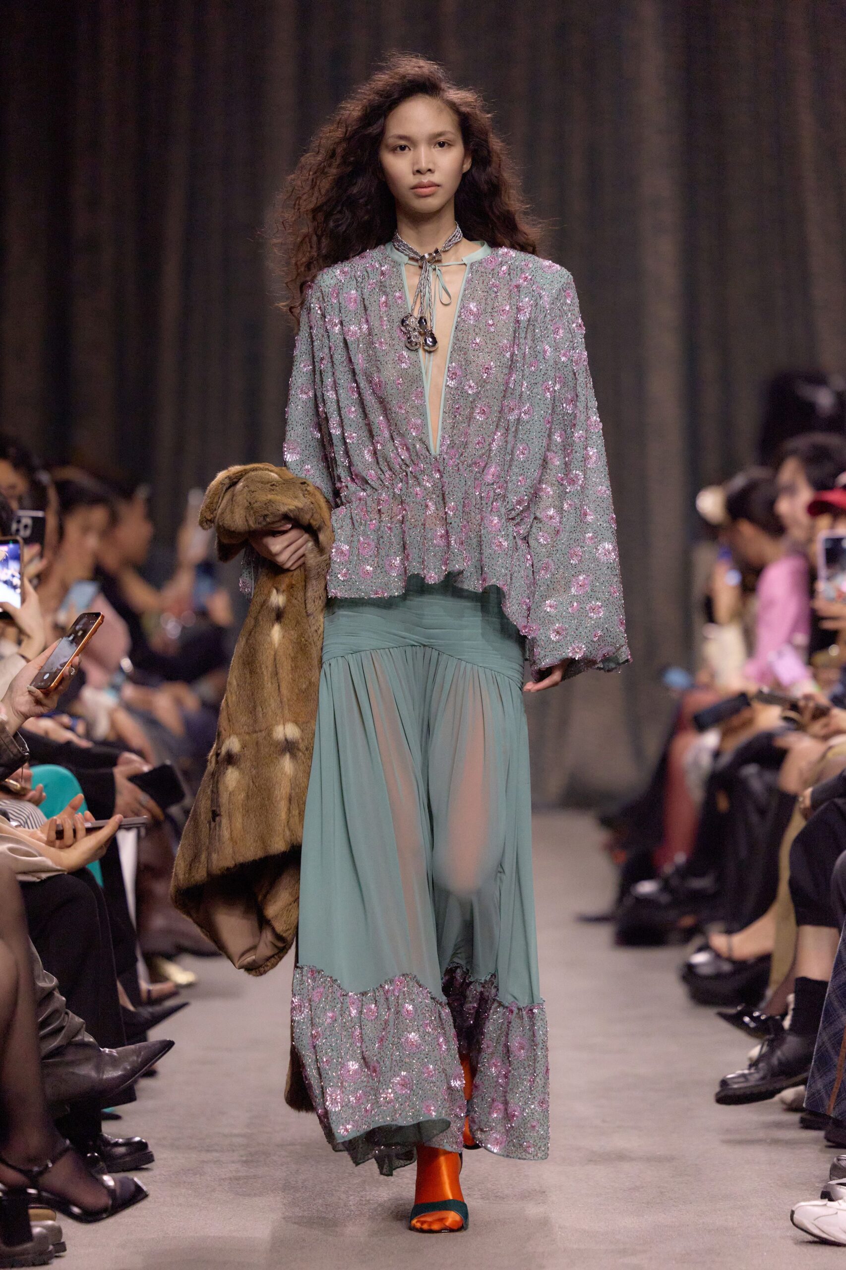 green silk long-sleeve v-neck relaxed floral tiered dress