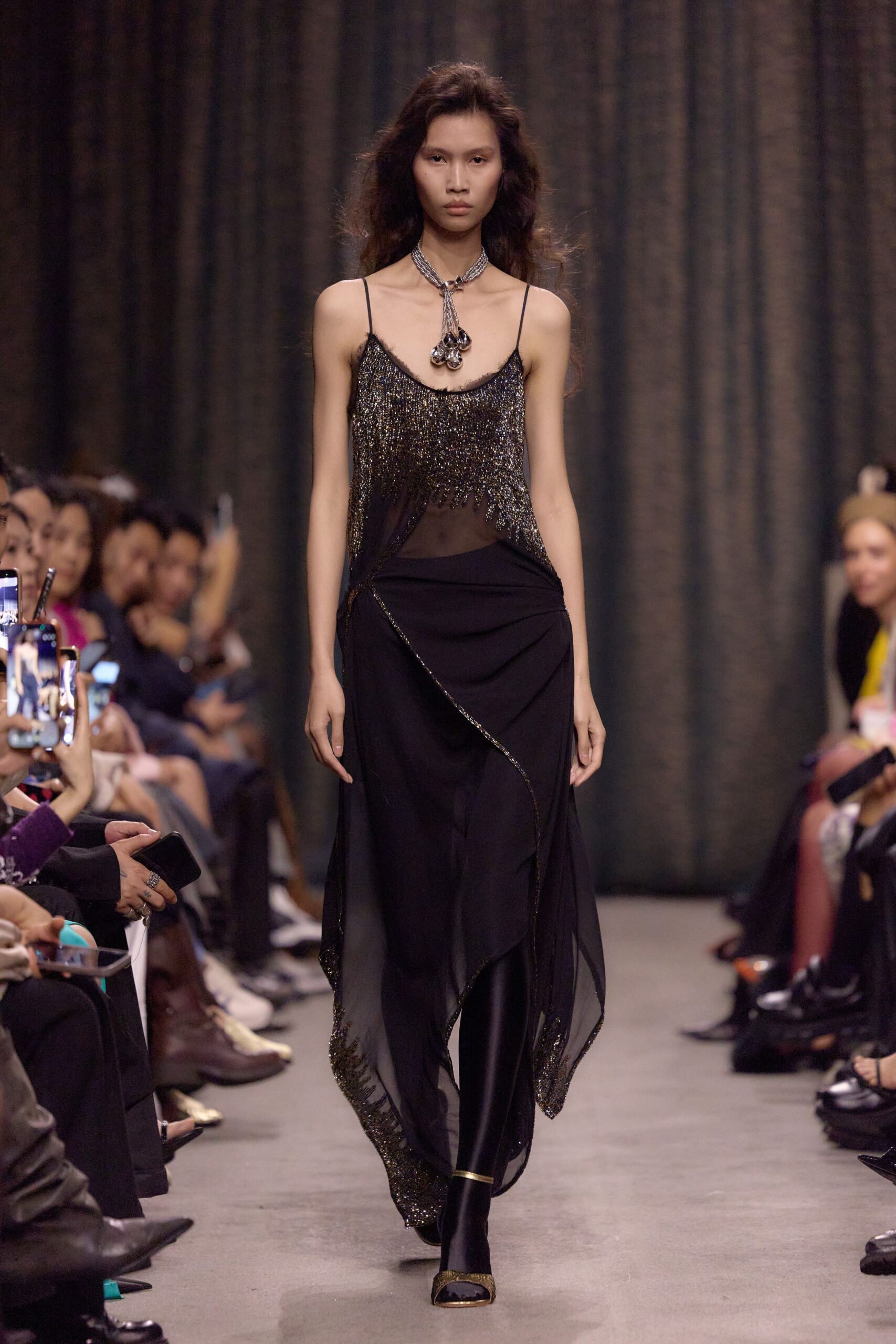 black silk sleeveless v-neck fitted layered embellished dress