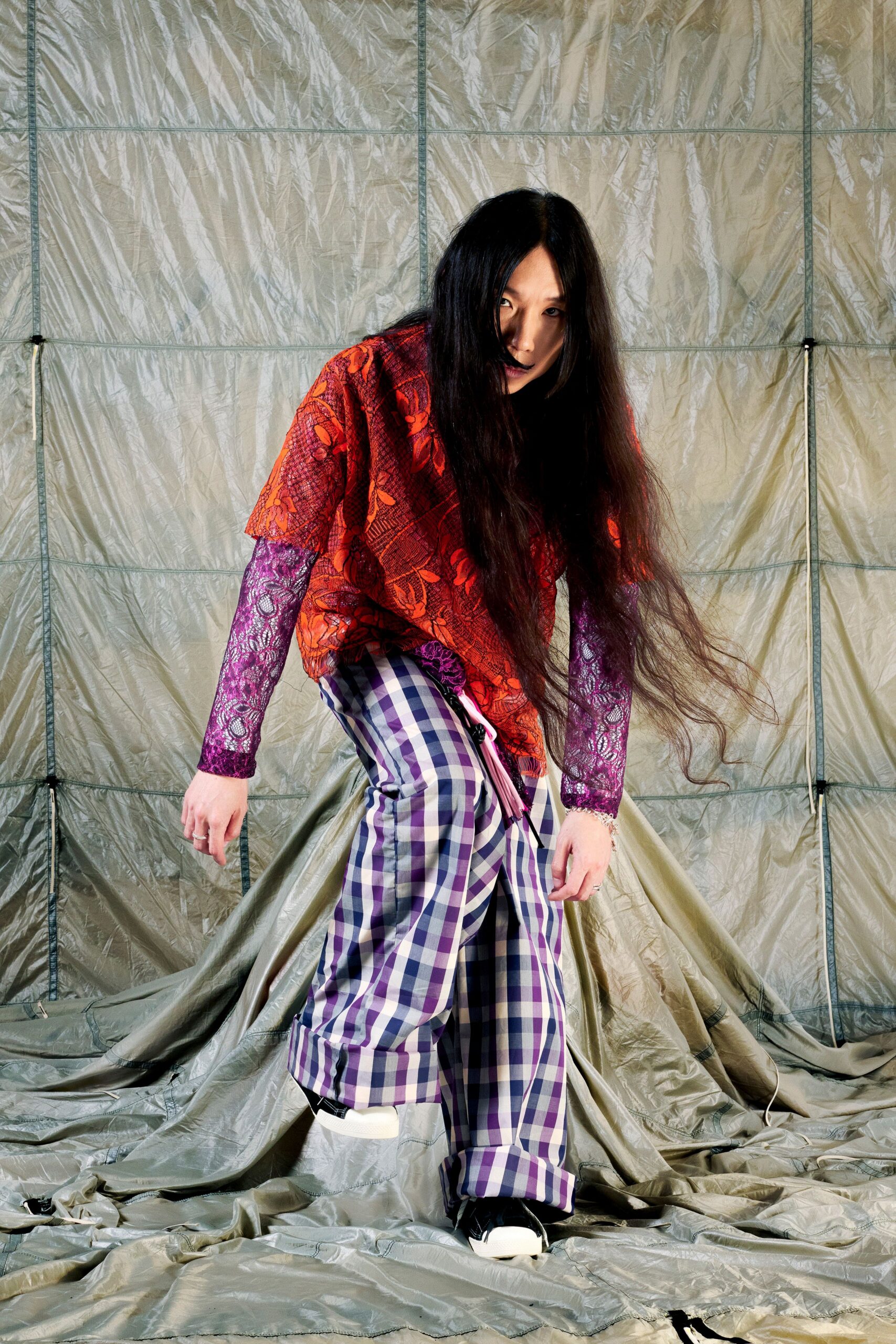 purple cotton relaxed checked pants