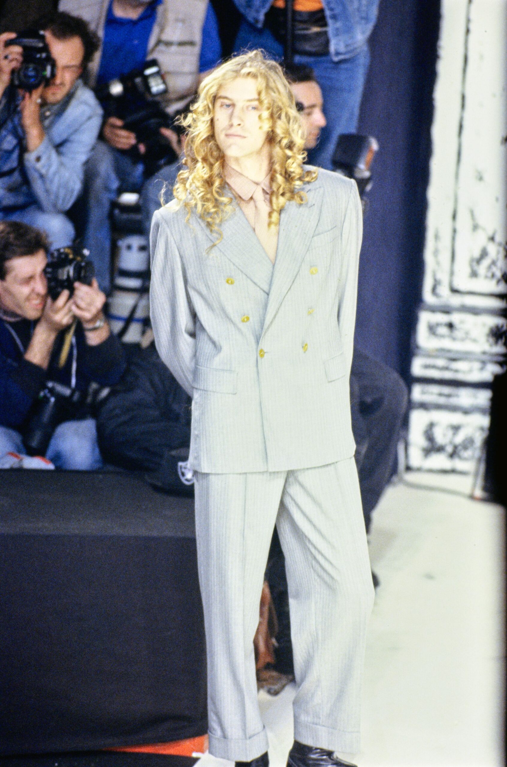 gray wool long-sleeve collared tailored striped suit
